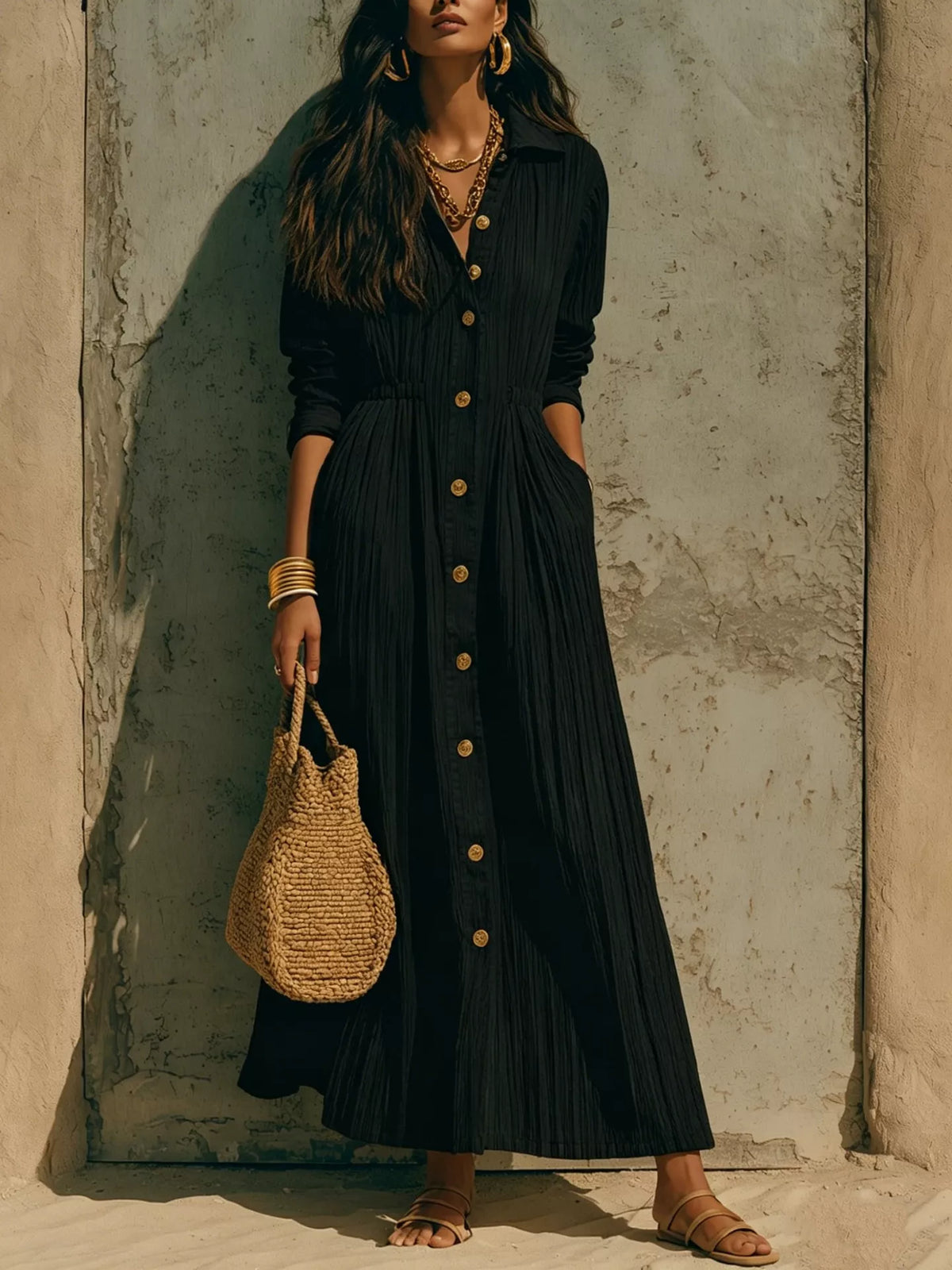 Textured Button-Down Long Sleeve Maxi Dress