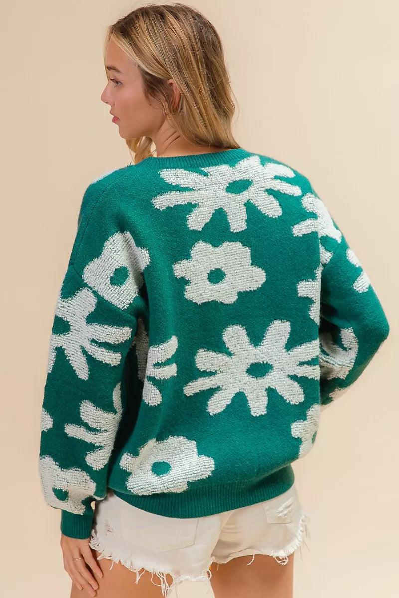 Flower Pattern Long Sleeve Sweater Top in Hunter by BiBi