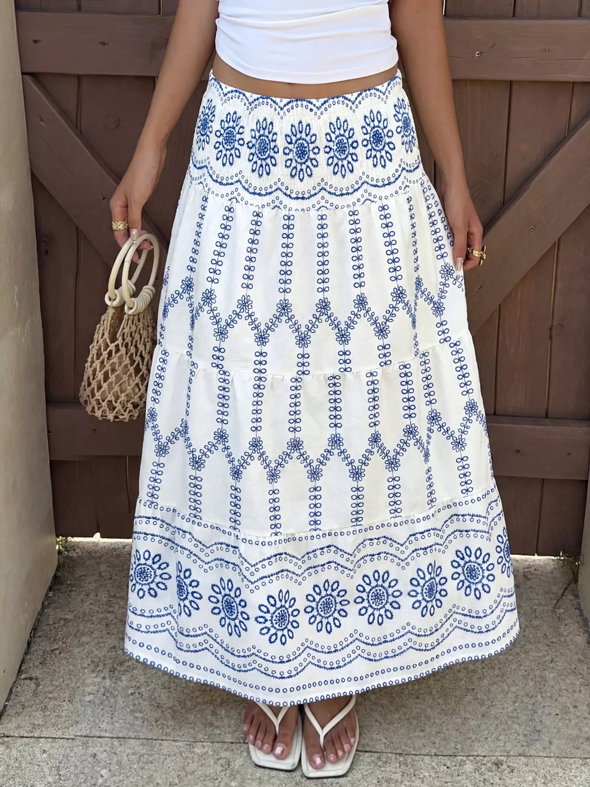 Printed Tiered Maxi Skirt in Blue