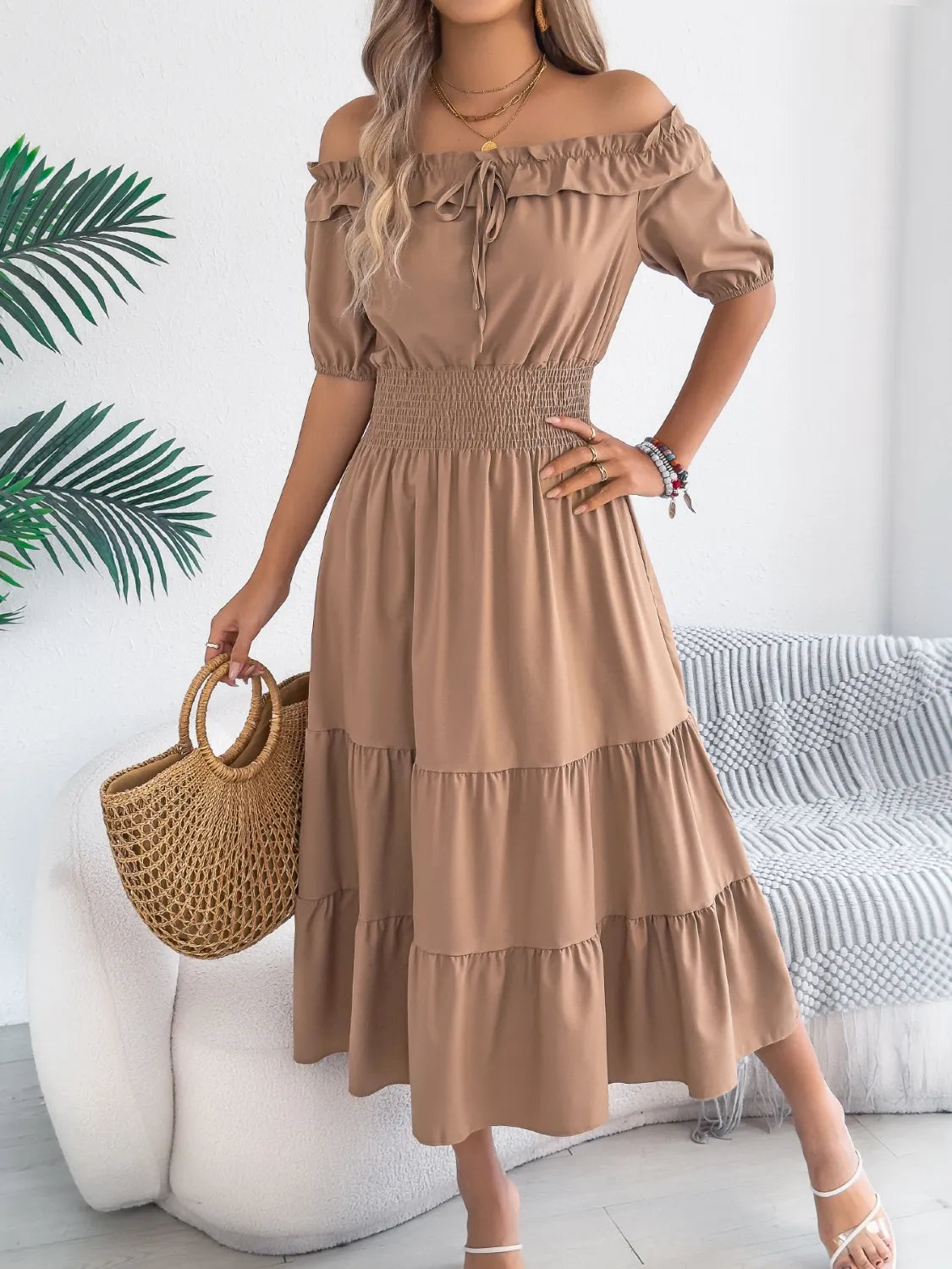 Smocked Off-Shoulder Tiered Dress