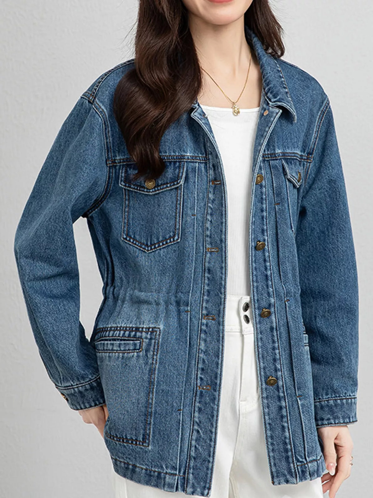 Washed Denim Button-Up Jacket in Blue