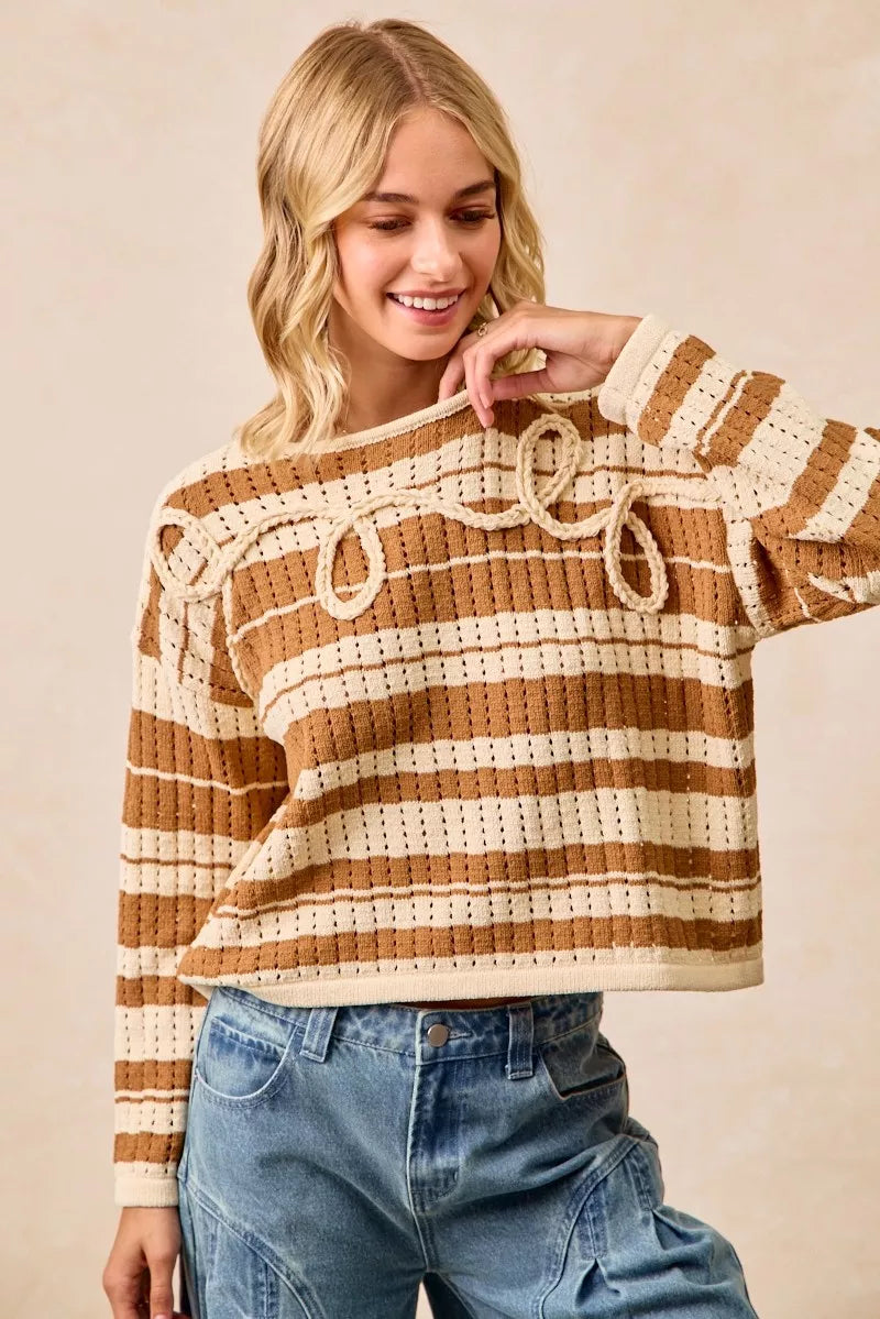 Striped Open-Knit Sweater Top in Brown by BiBi