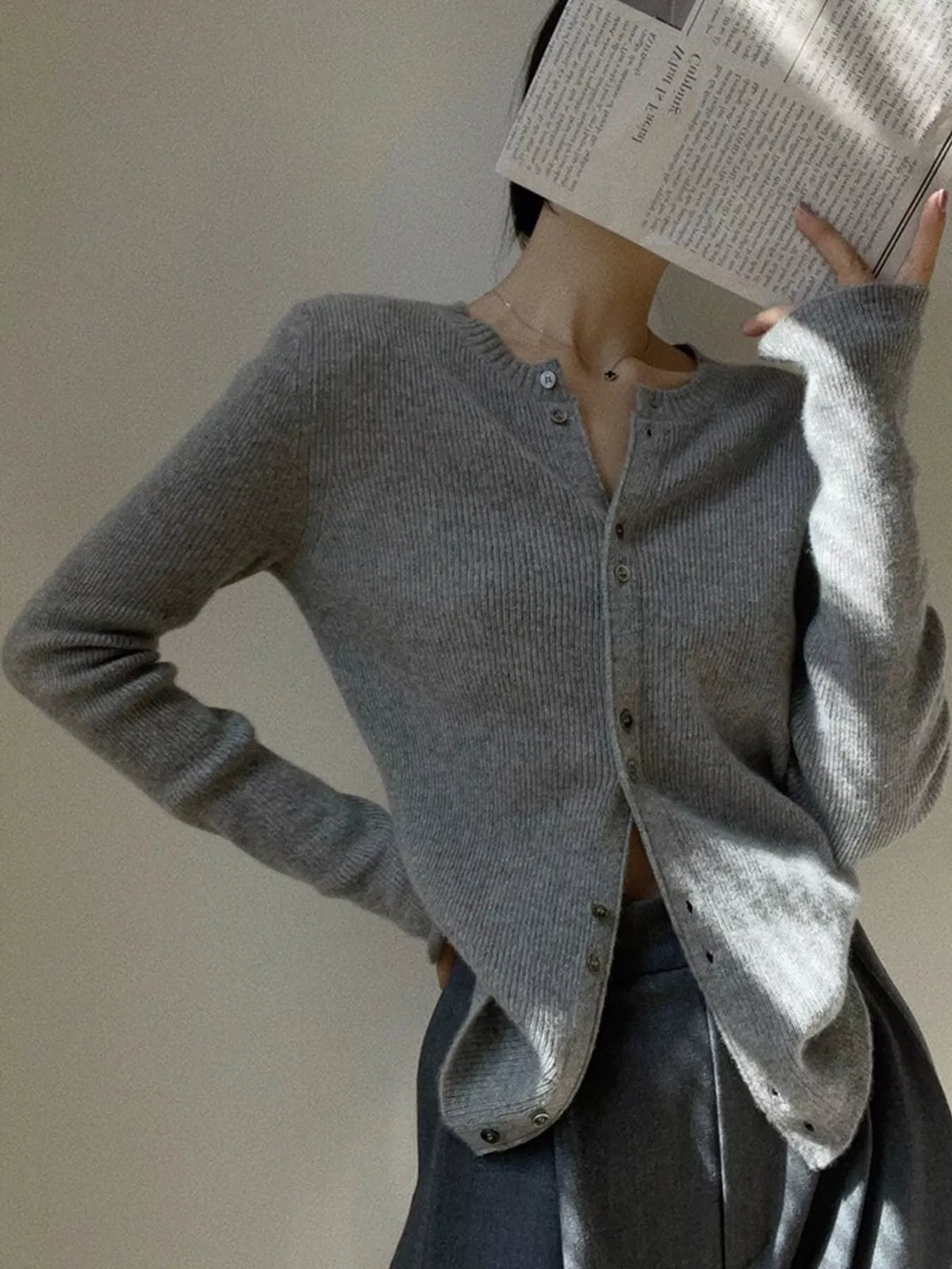 Ribbed Button-Down Cardigan in Gray