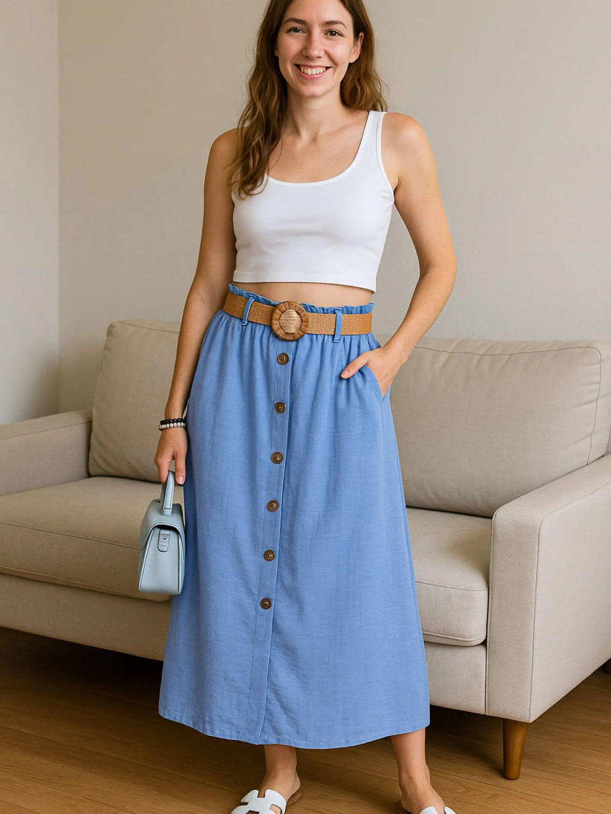Decorative Button-Front Midi Skirt in Light Blue