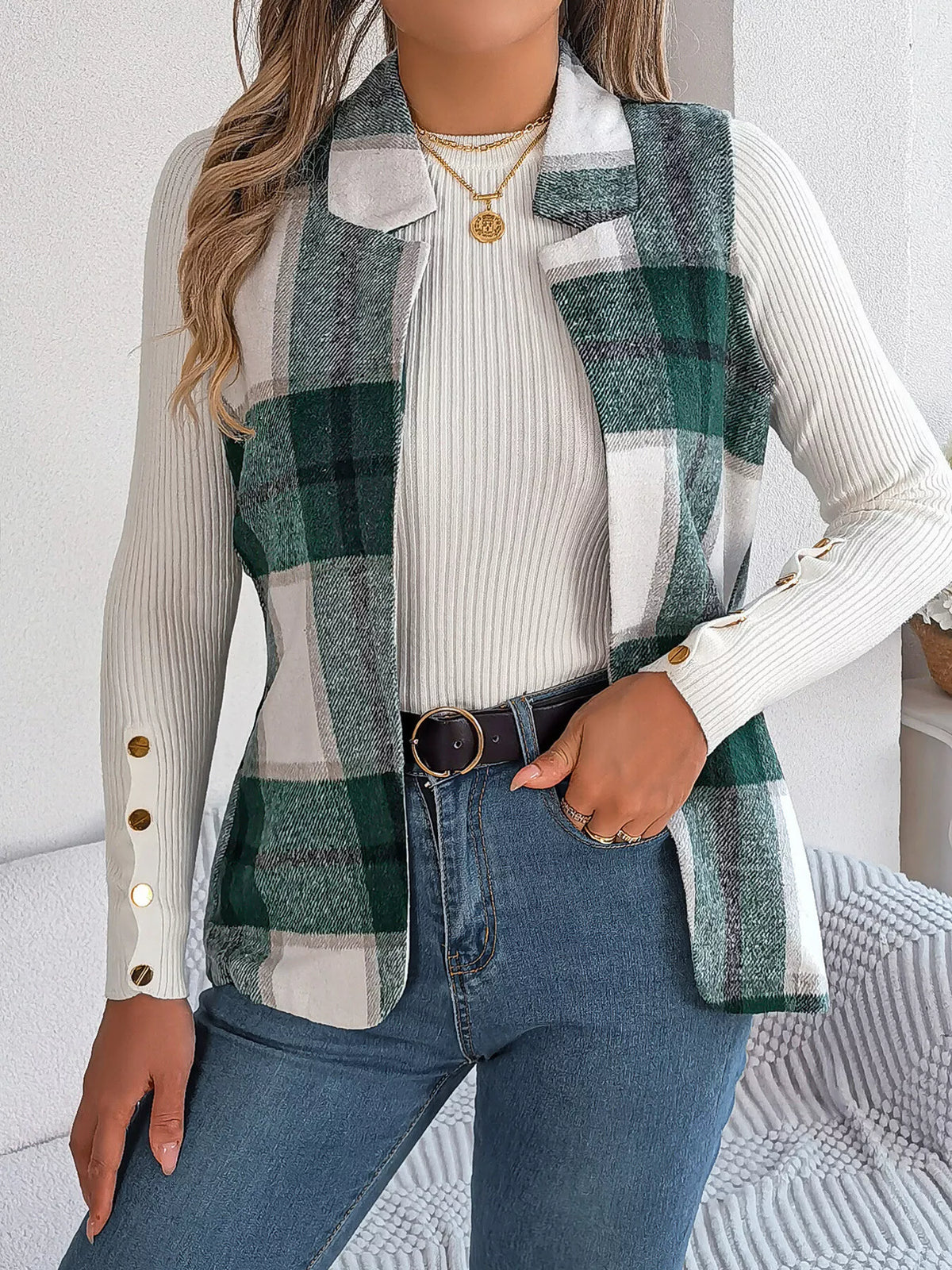 Plaid Open-Front Vest by Clise