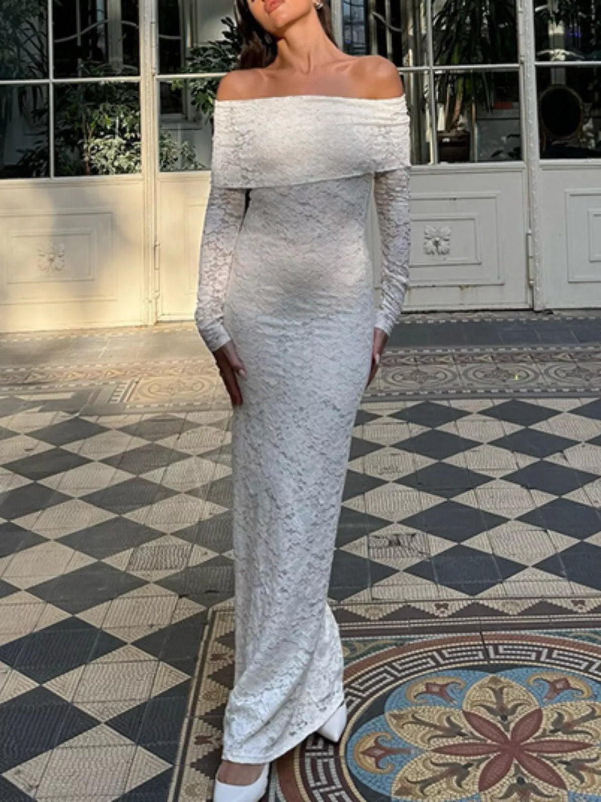 Off-Shoulder Lace Bodycon Maxi Dress in White