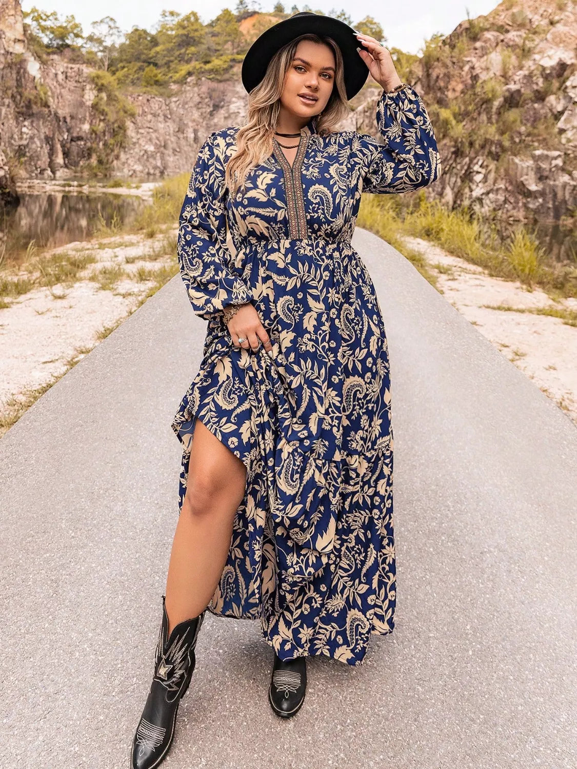Floral Print Long Sleeve Maxi Dress in Dark Blue