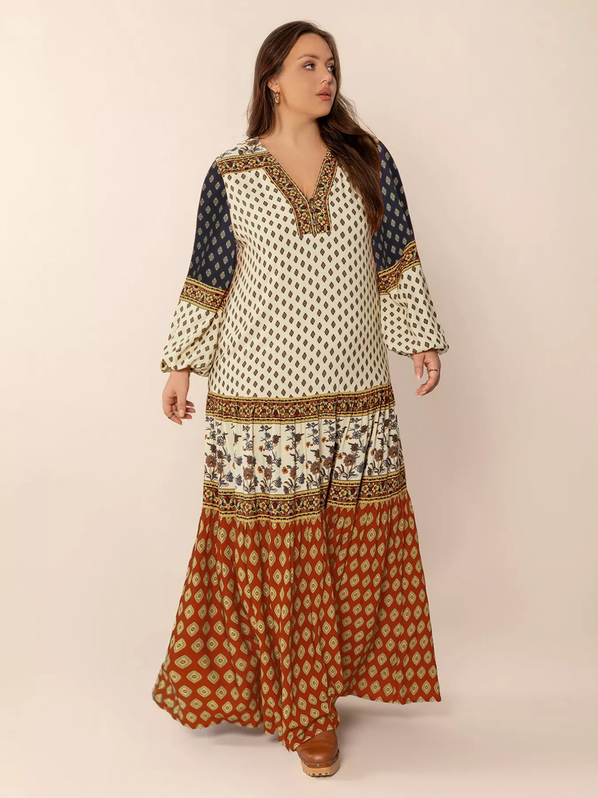 Notched Balloon-Sleeve Maxi Dress in Caramel