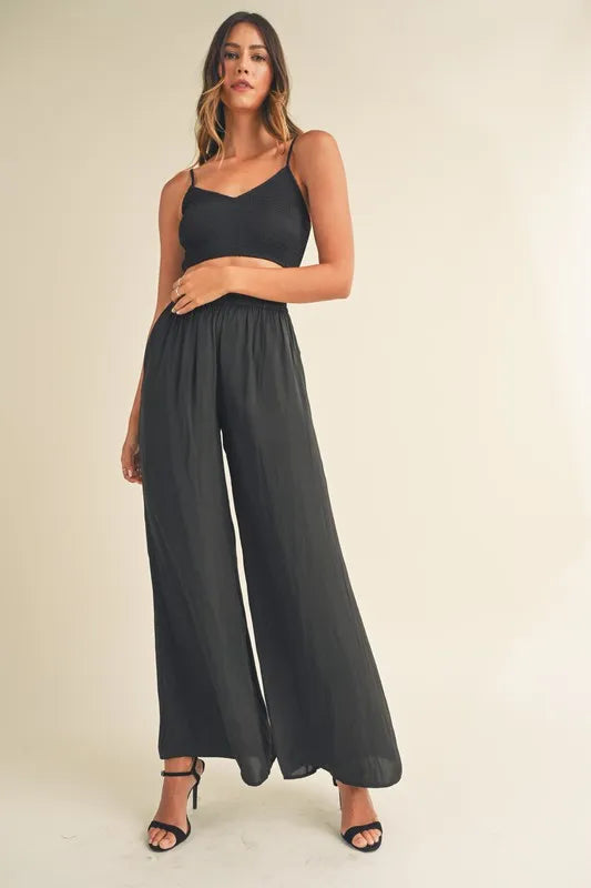 Smocked Bralette Top and Wide Leg Pants Set in Black