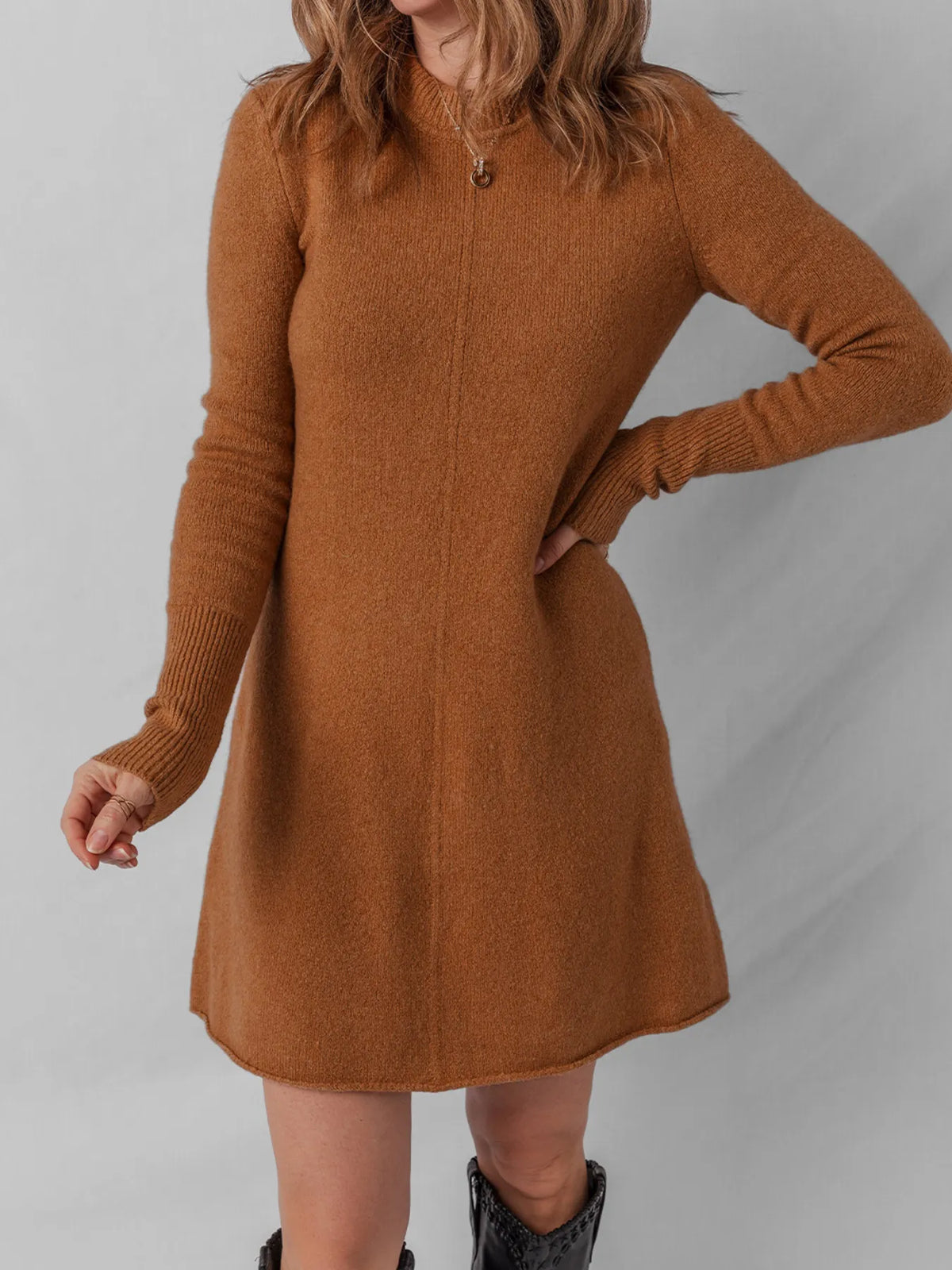 Ribbed Mini Sweater Dress in Caramel