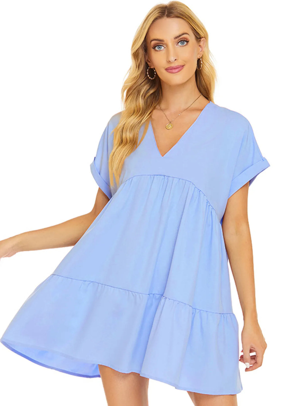 Oversized V-Neck Tiered Mini Dress by ArtisticExpression