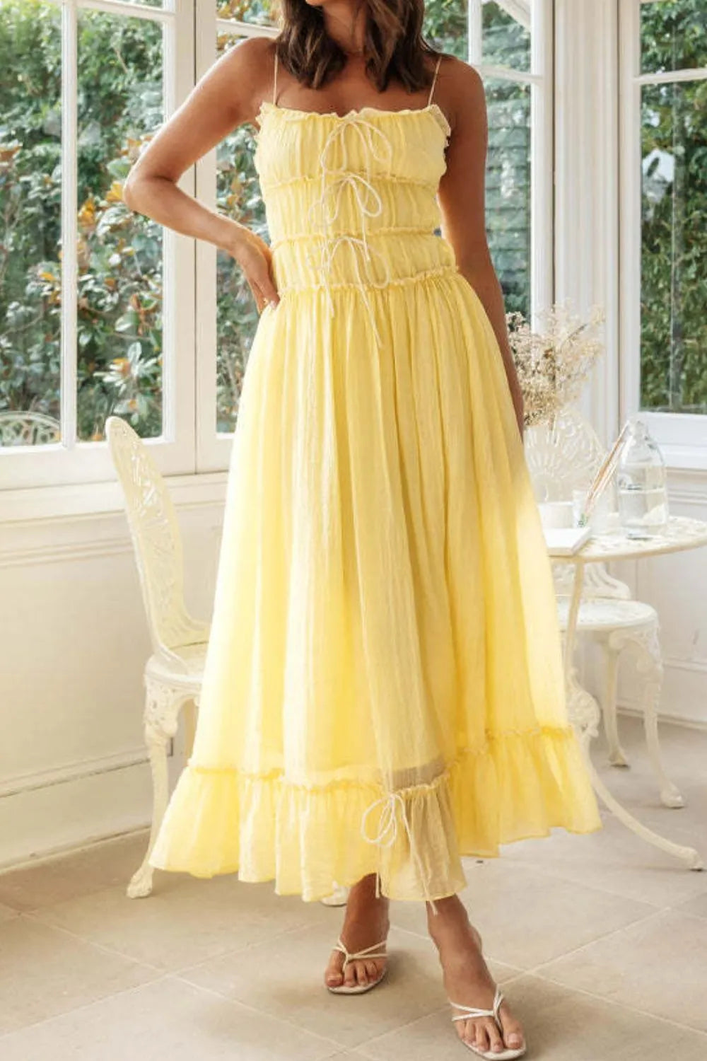 Frill Lace-Up Midi Cami Dress