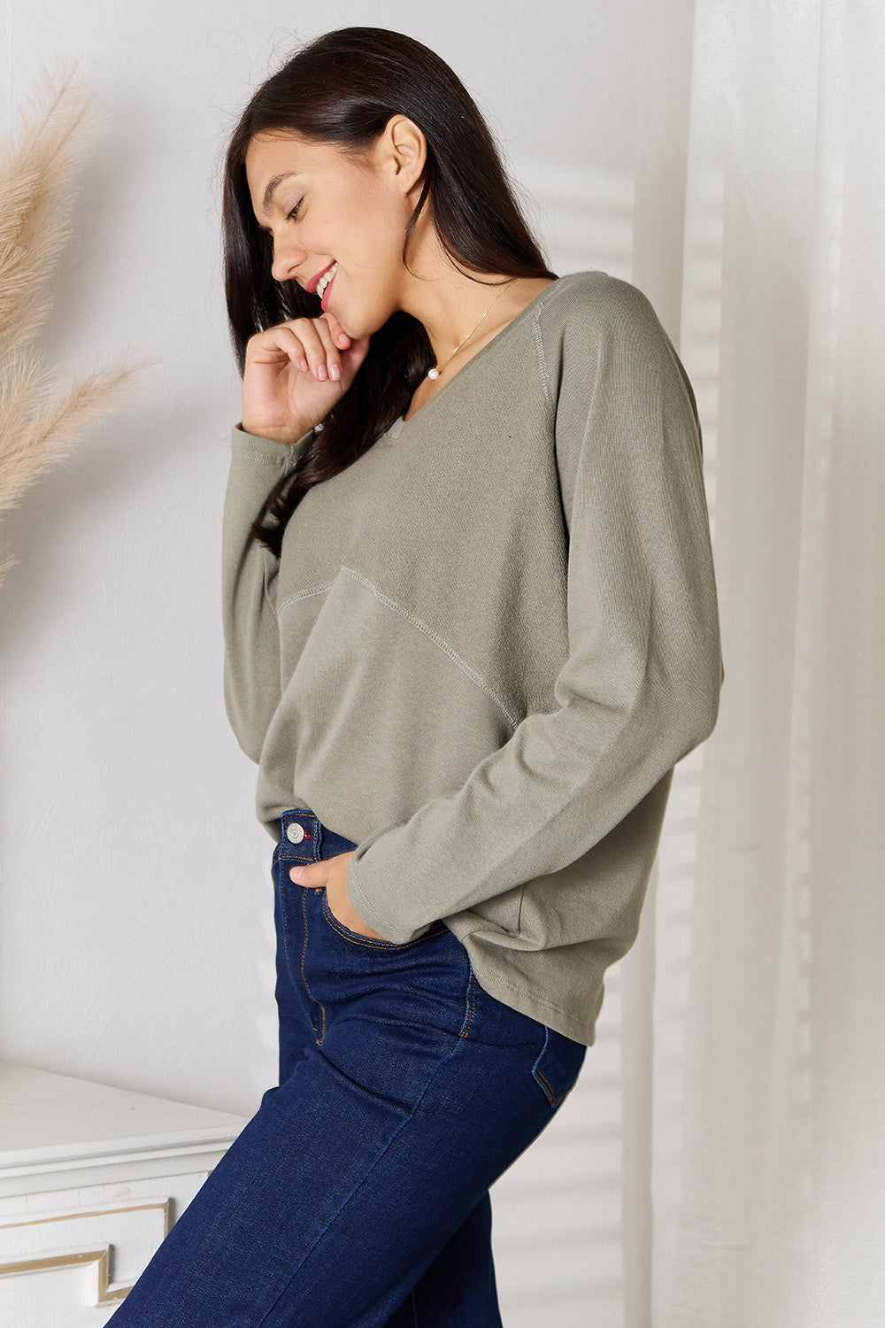 Culture Code V-Neck Long Sleeve Tee in Sage