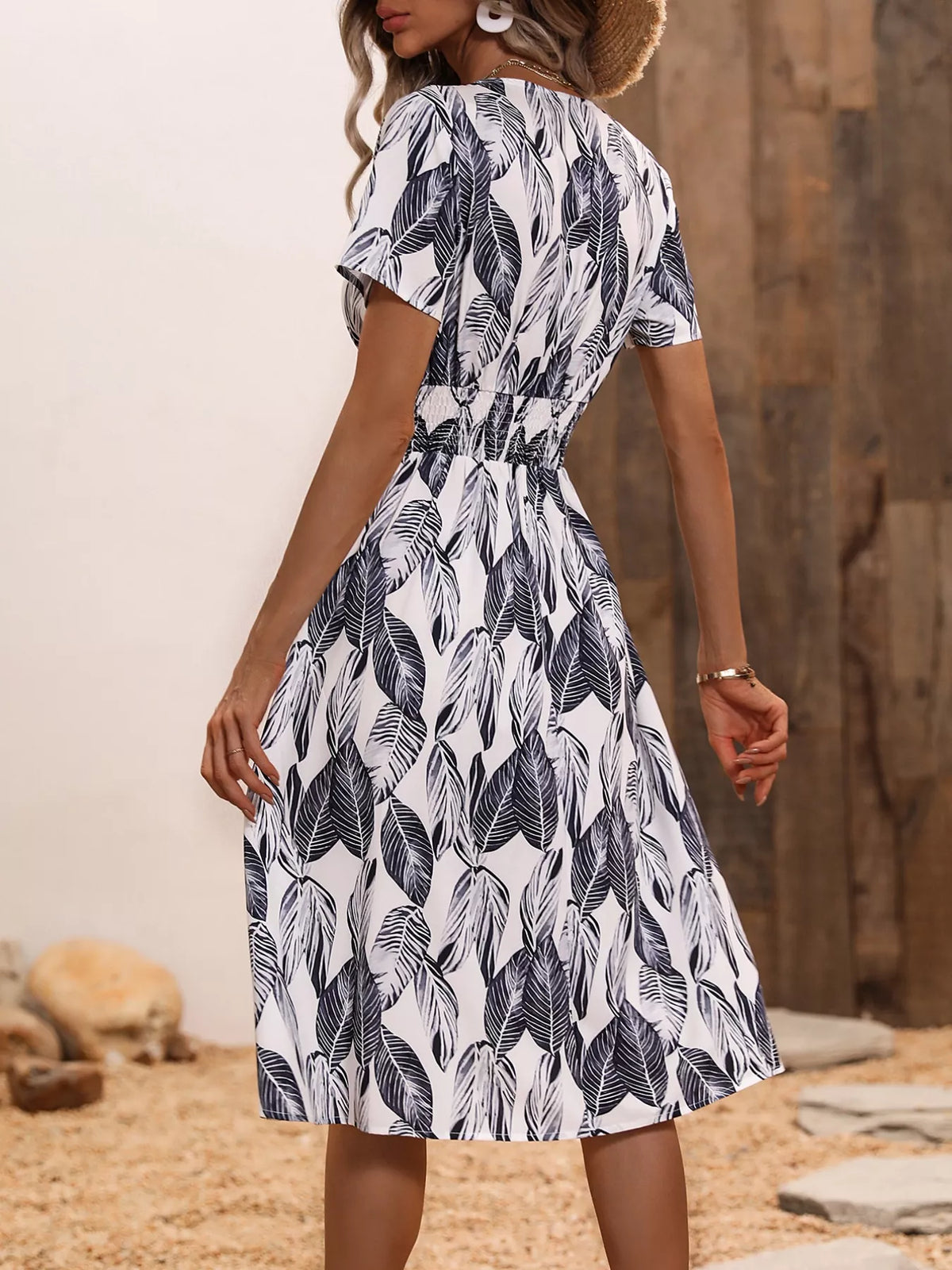Smocked Printed Short-Sleeve Midi Dress