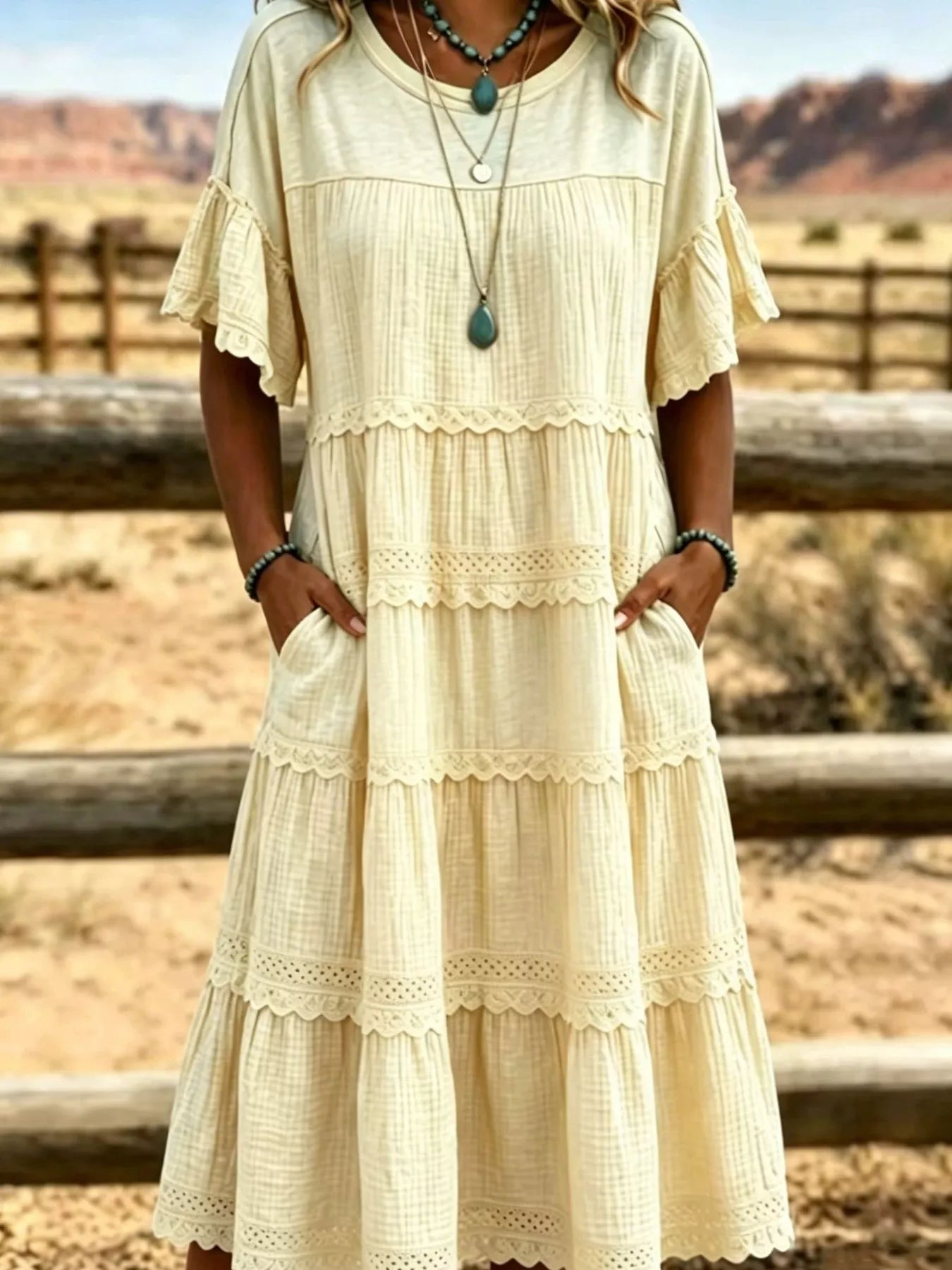 Tiered Ruffle Sleeve Midi Dress with Pockets