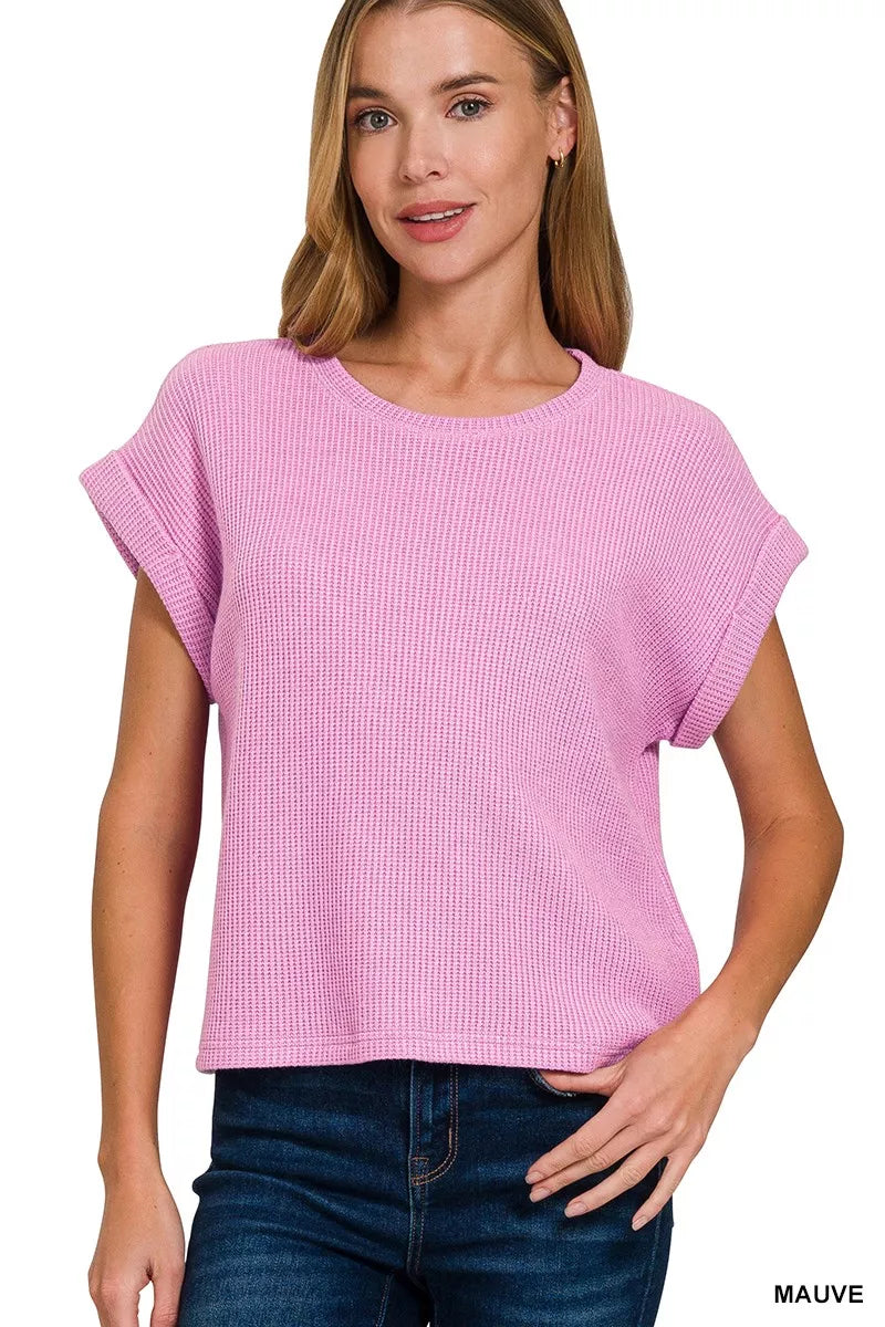 Zenana Crew Neck Short Sleeve Sweater in Mauve