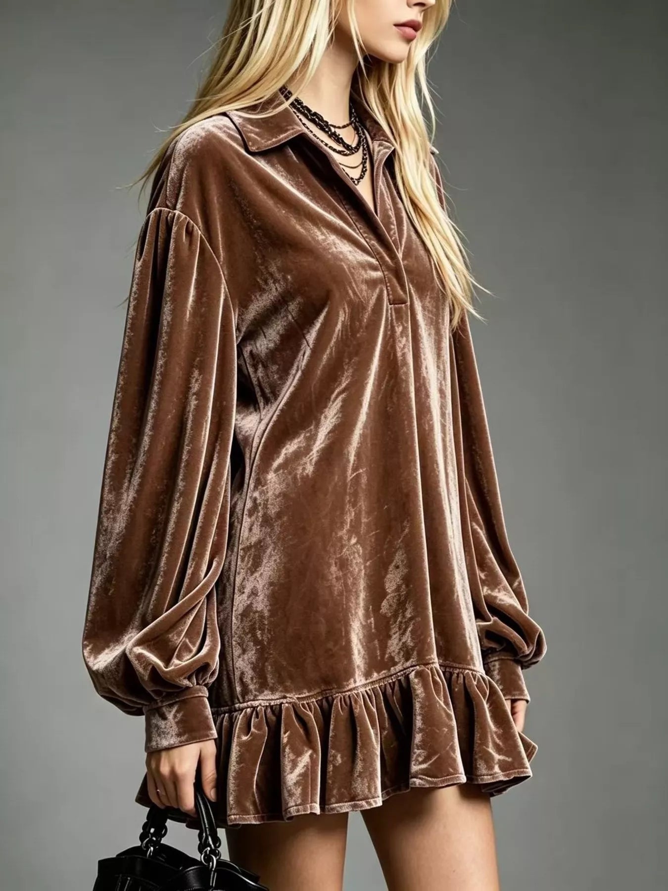 Velvet Ruffled-Hem Long Sleeve Dress