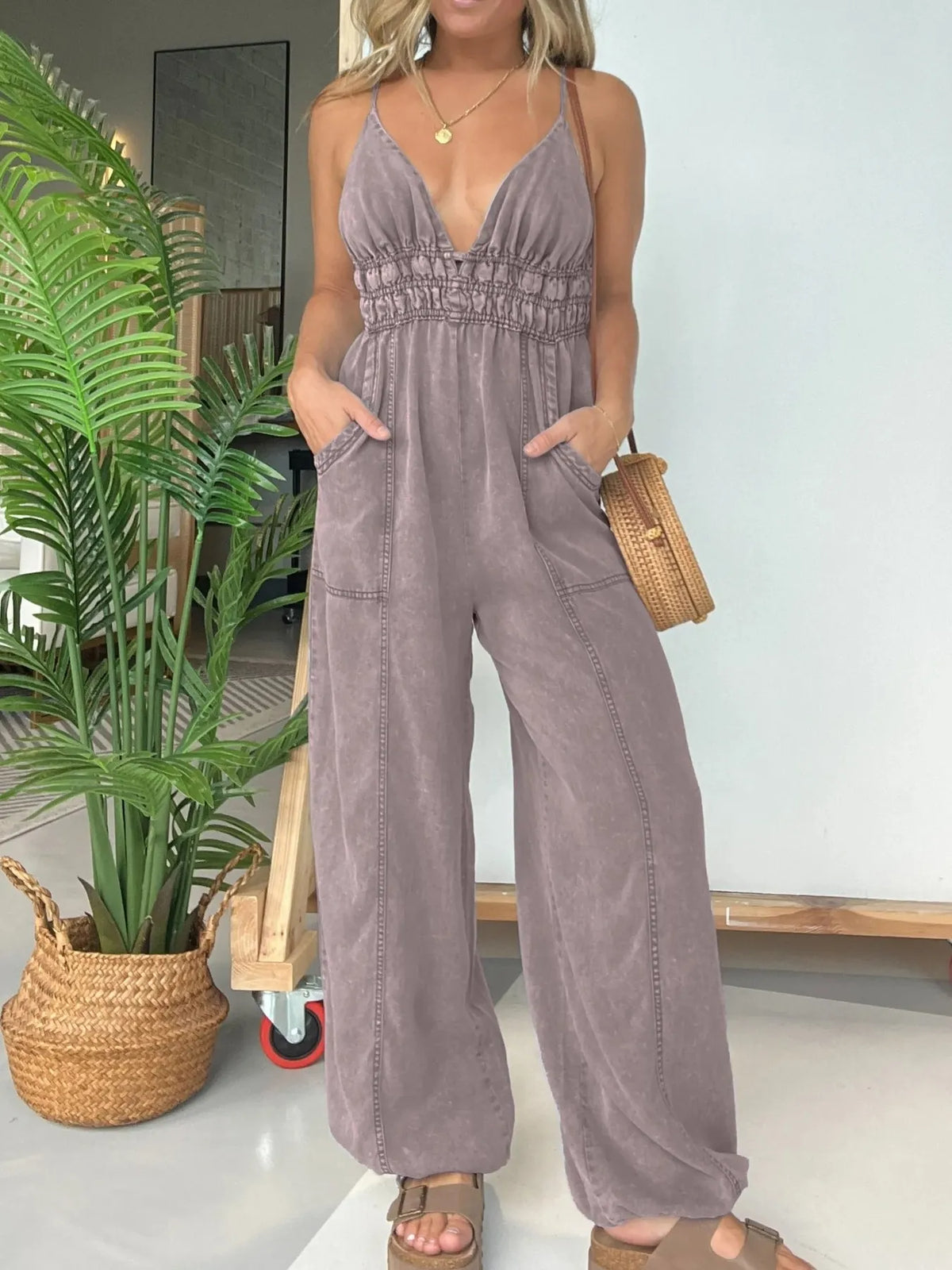 Smocked Spaghetti Strap Jumpsuit