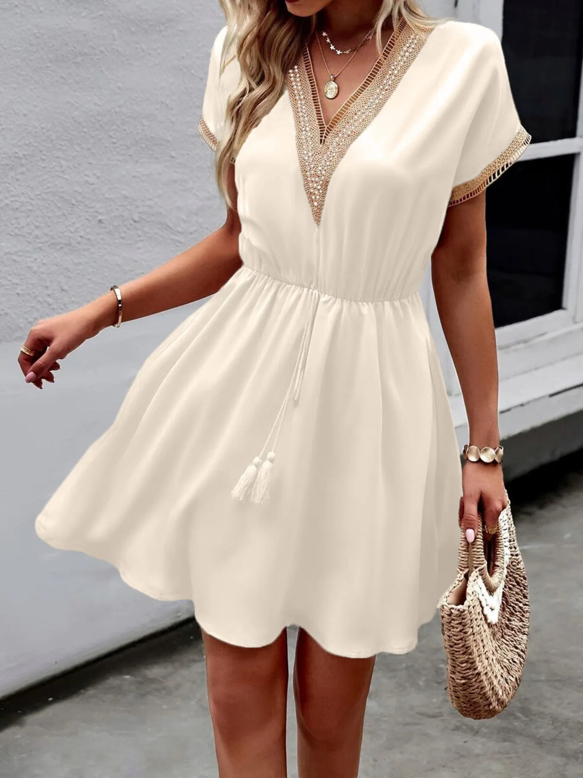 Tied V-Neck Short Sleeve Mini Dress