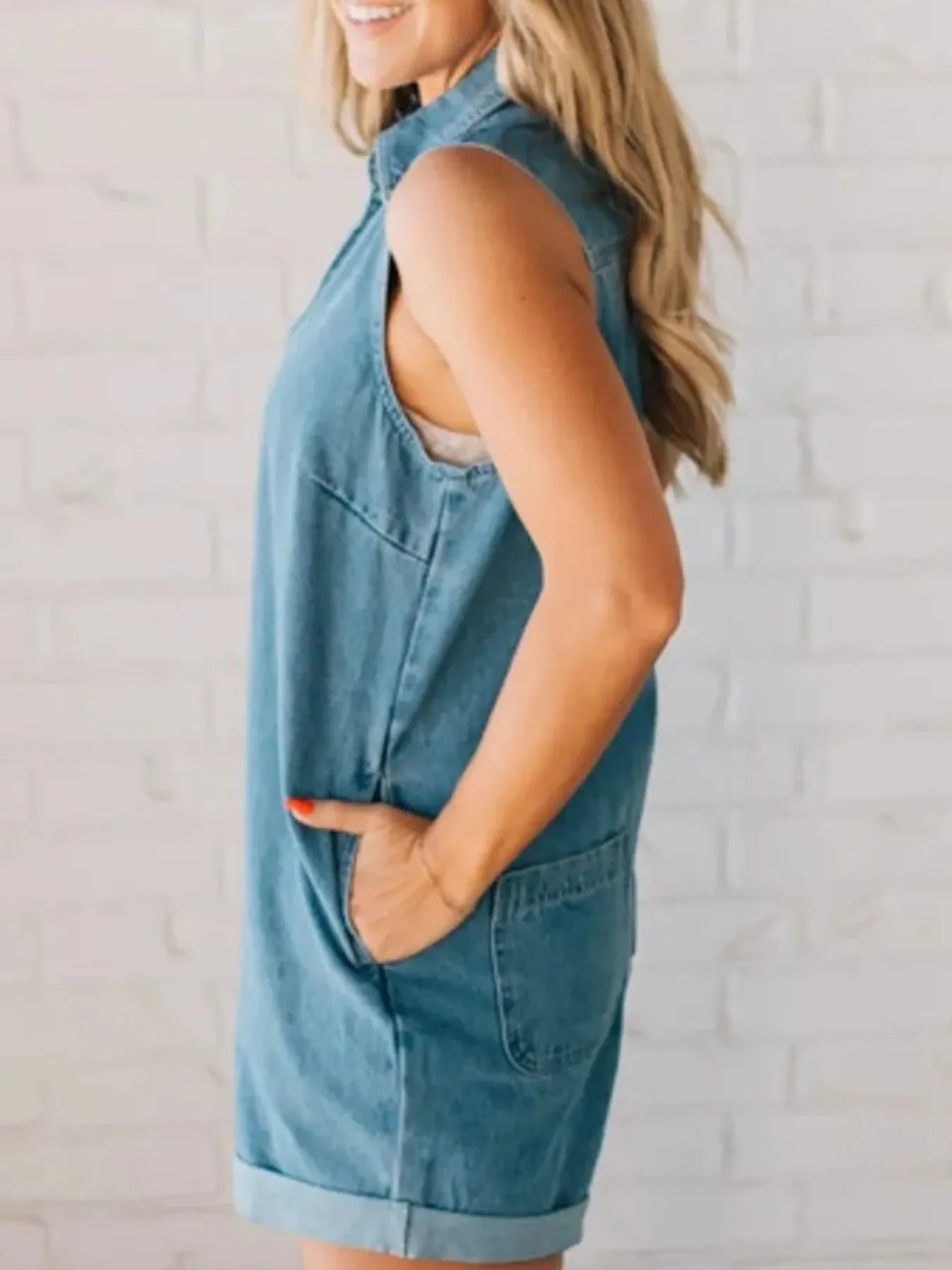 Buttoned Zip-Front Denim Romper in Blue
