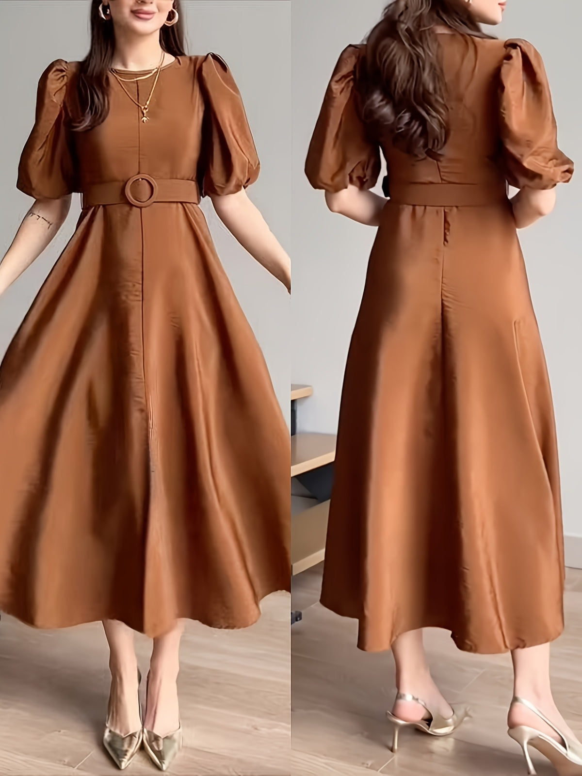 Belted Puff Sleeve Midi Dress in Tan