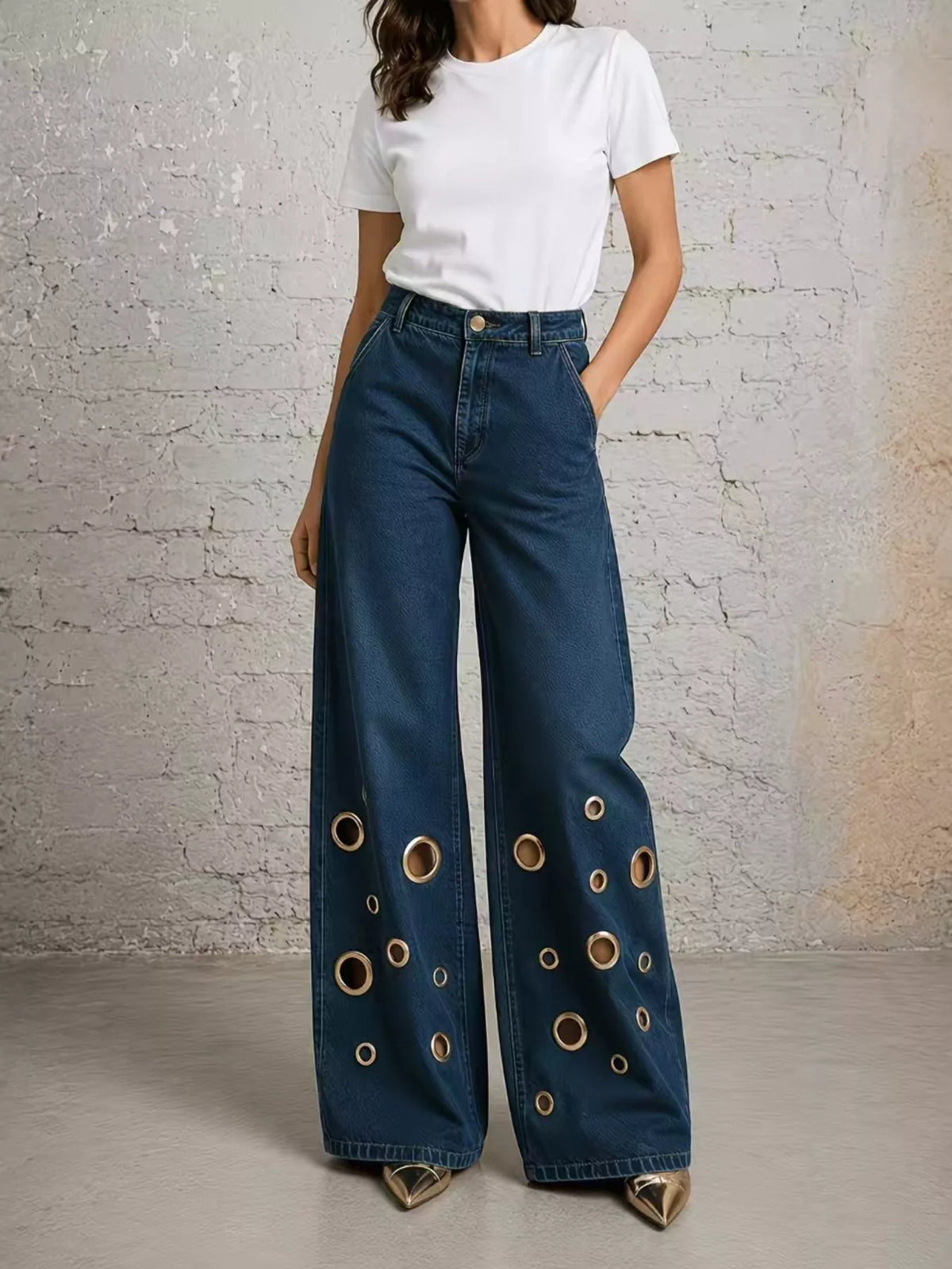 Wide Leg Jeans with Eyelet Details