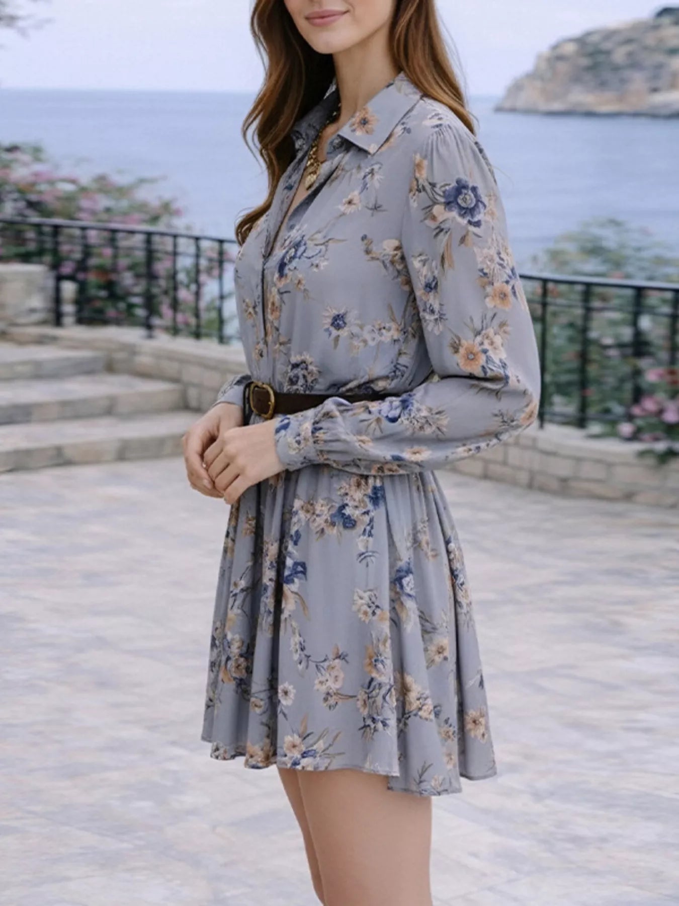 Floral Print Long Sleeve Shirt Dress