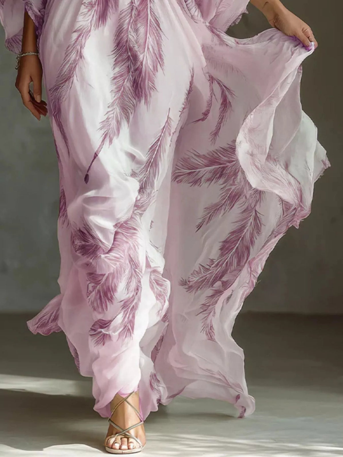 Feather Print V-Neck Flowy Maxi Dress