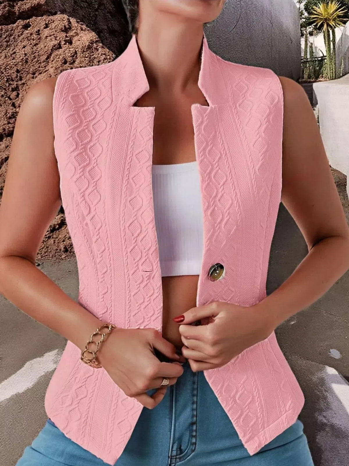 Textured Slim-Fit Button-Down Vest Coat