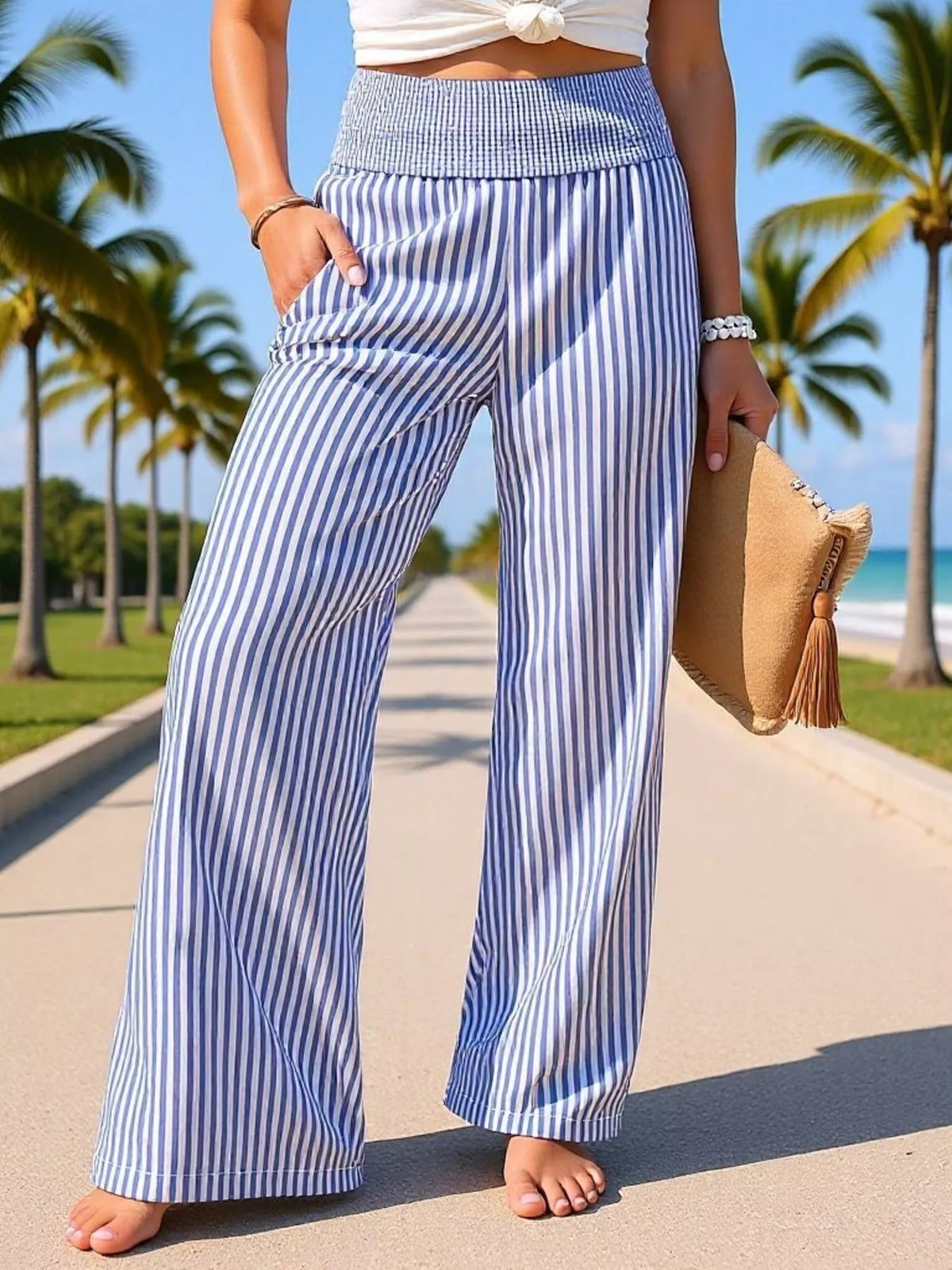Striped Smocked Wide-Leg Pants