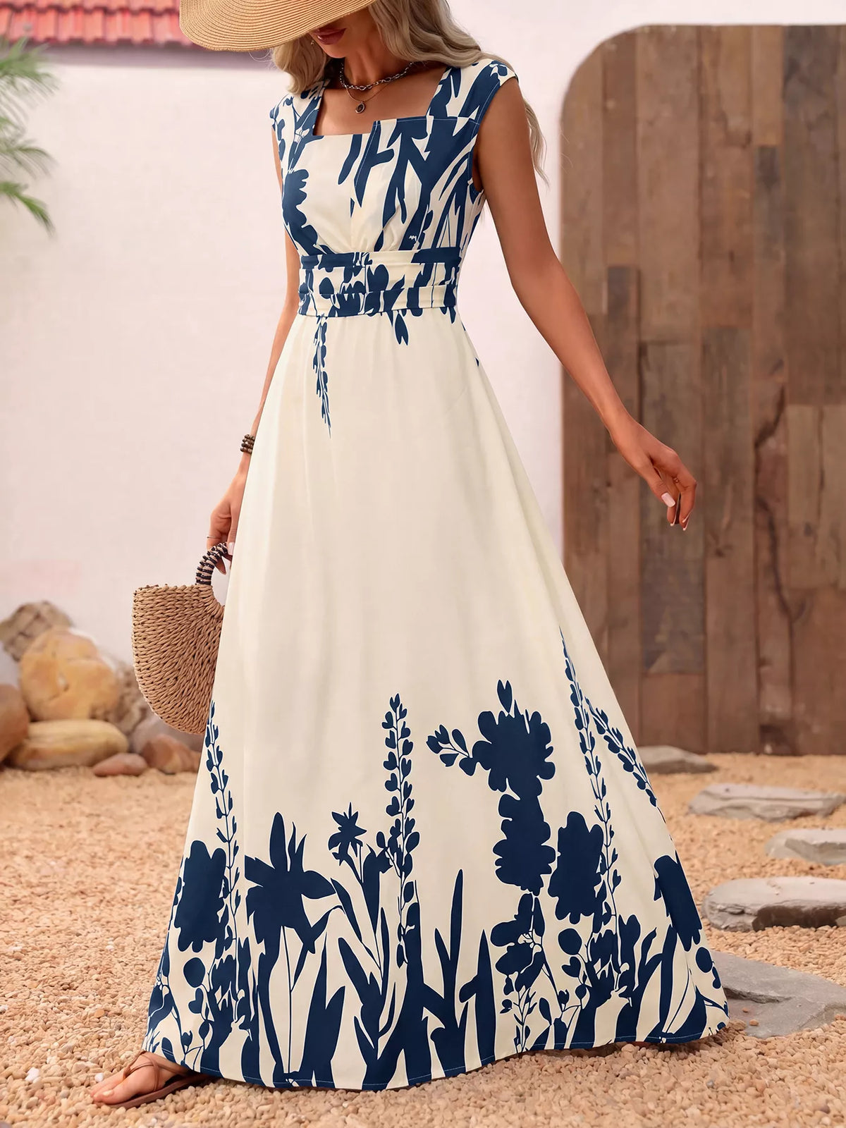 Printed Square Neck Maxi Dress in Blue