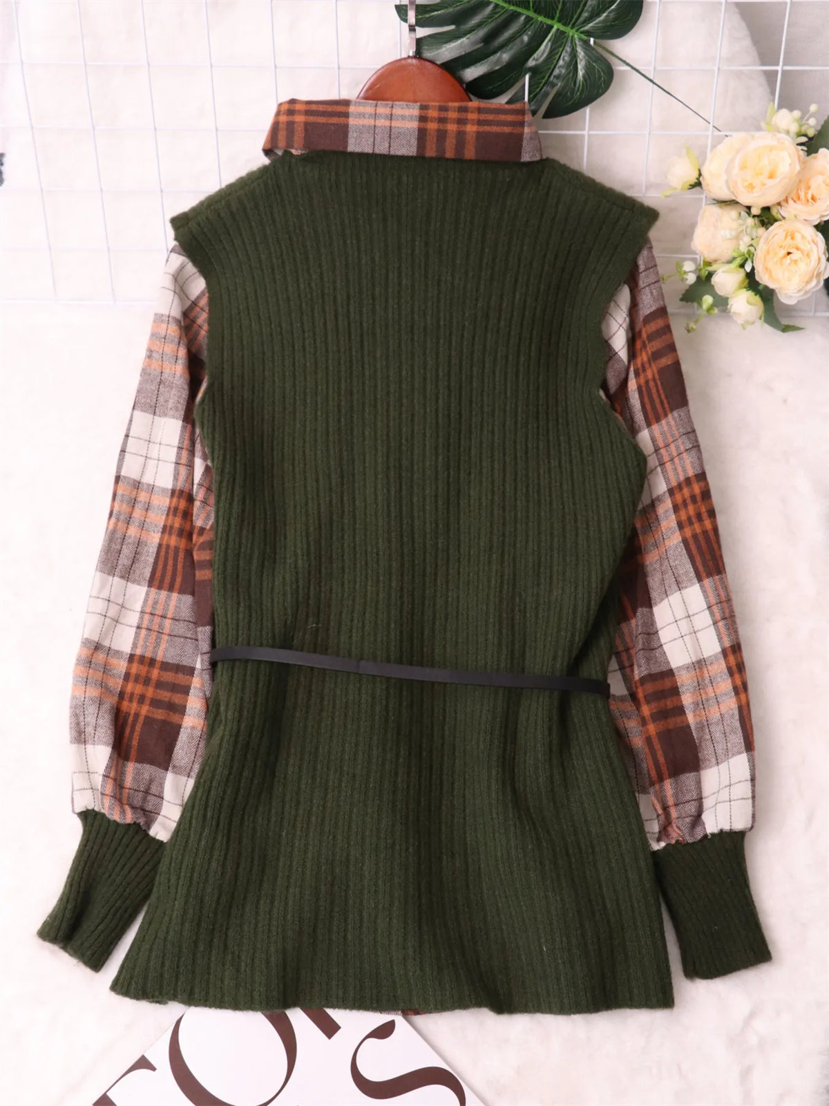 Plaid Long Sleeve Belted Sweater Dress