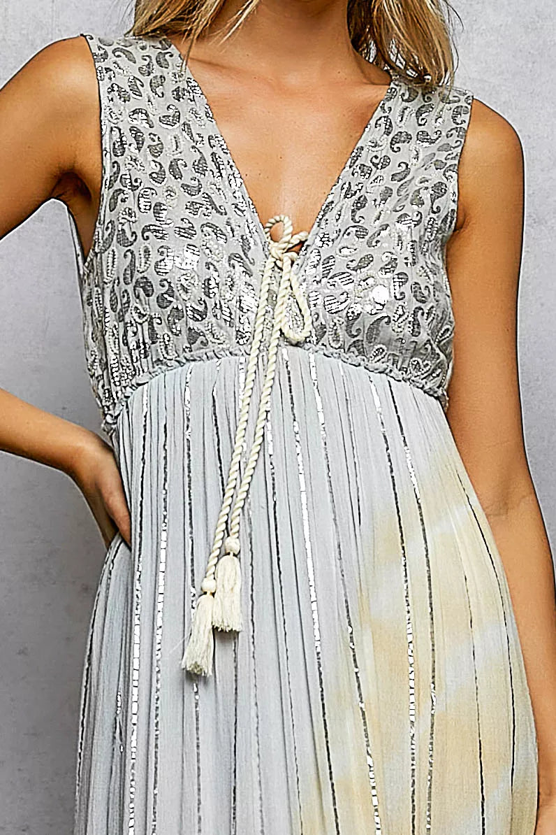 Deep V Tiered Maxi Dress in Light Grey Multi by POL