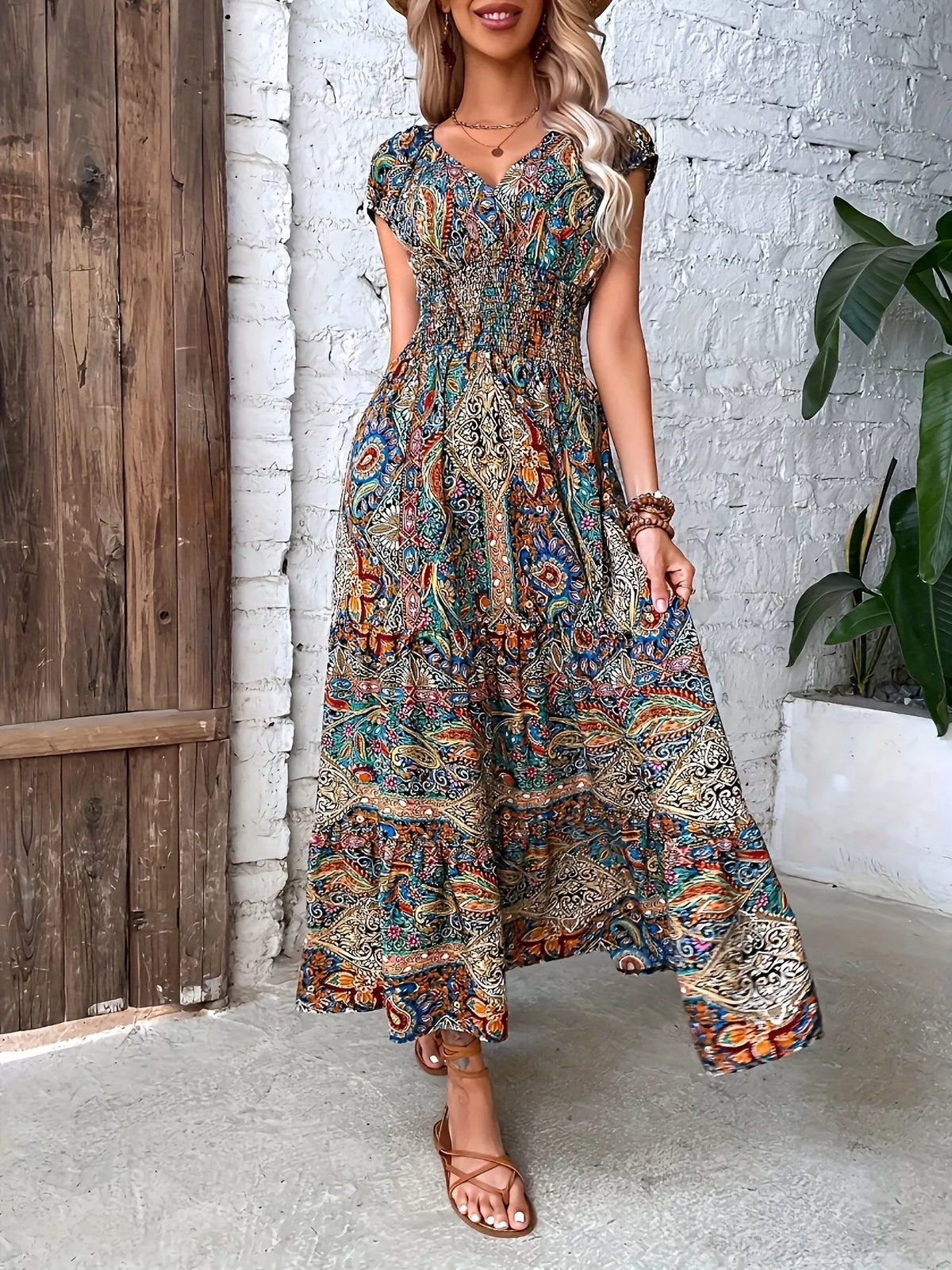 Smocked Cap Sleeve Maxi Dress in Floral