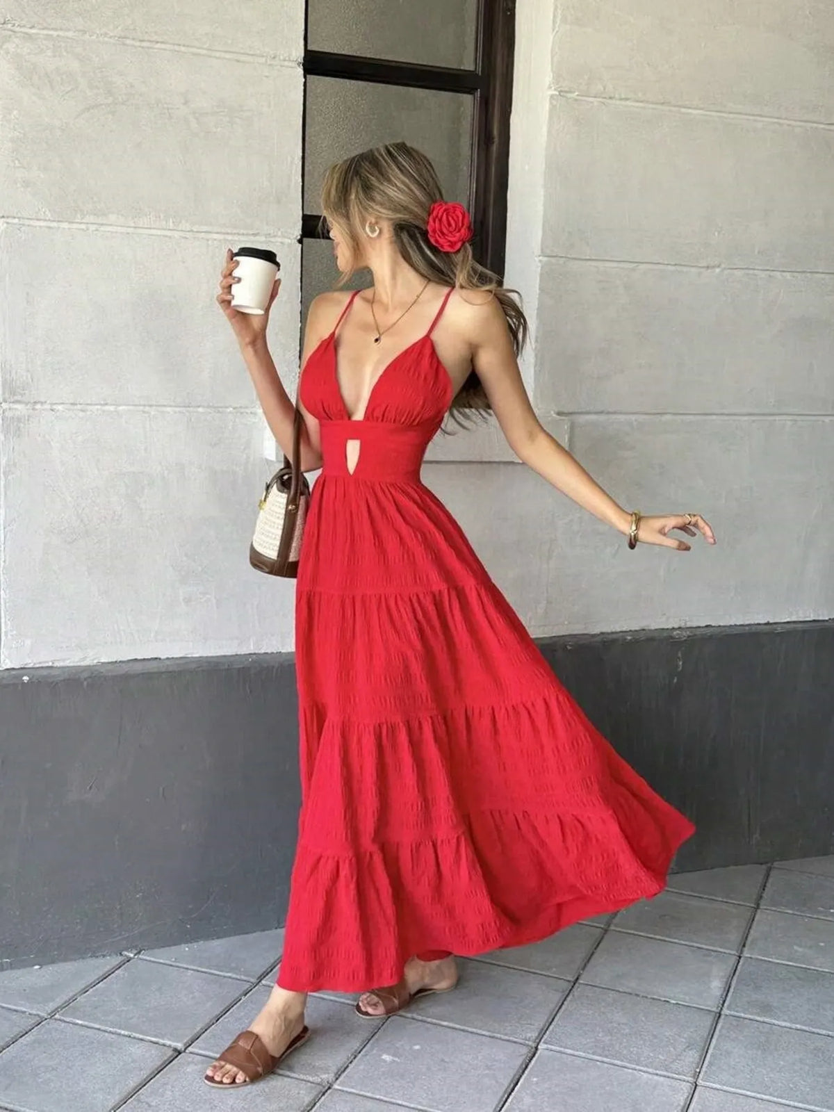 Tiered Maxi Dress with Cutout Detail in Red