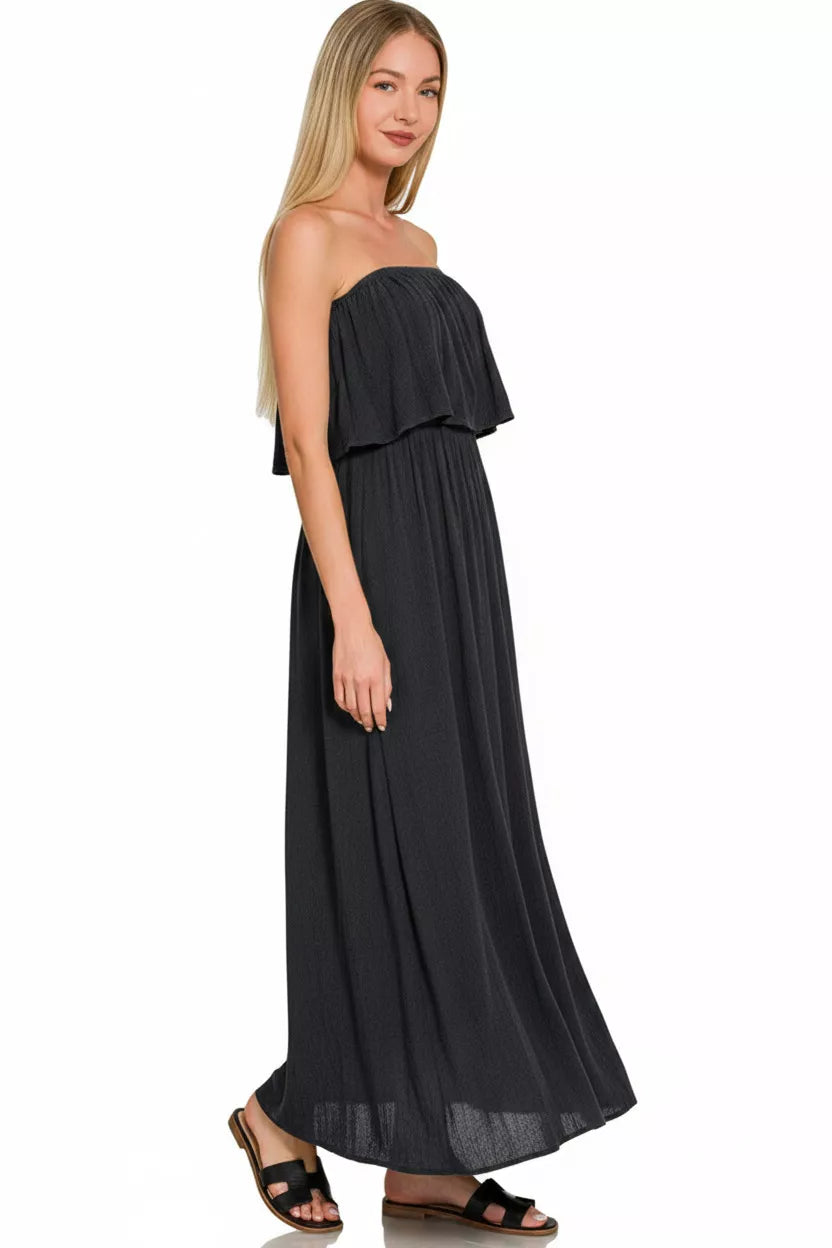 Zenana Crinkle Strapless Maxi Dress in Black
