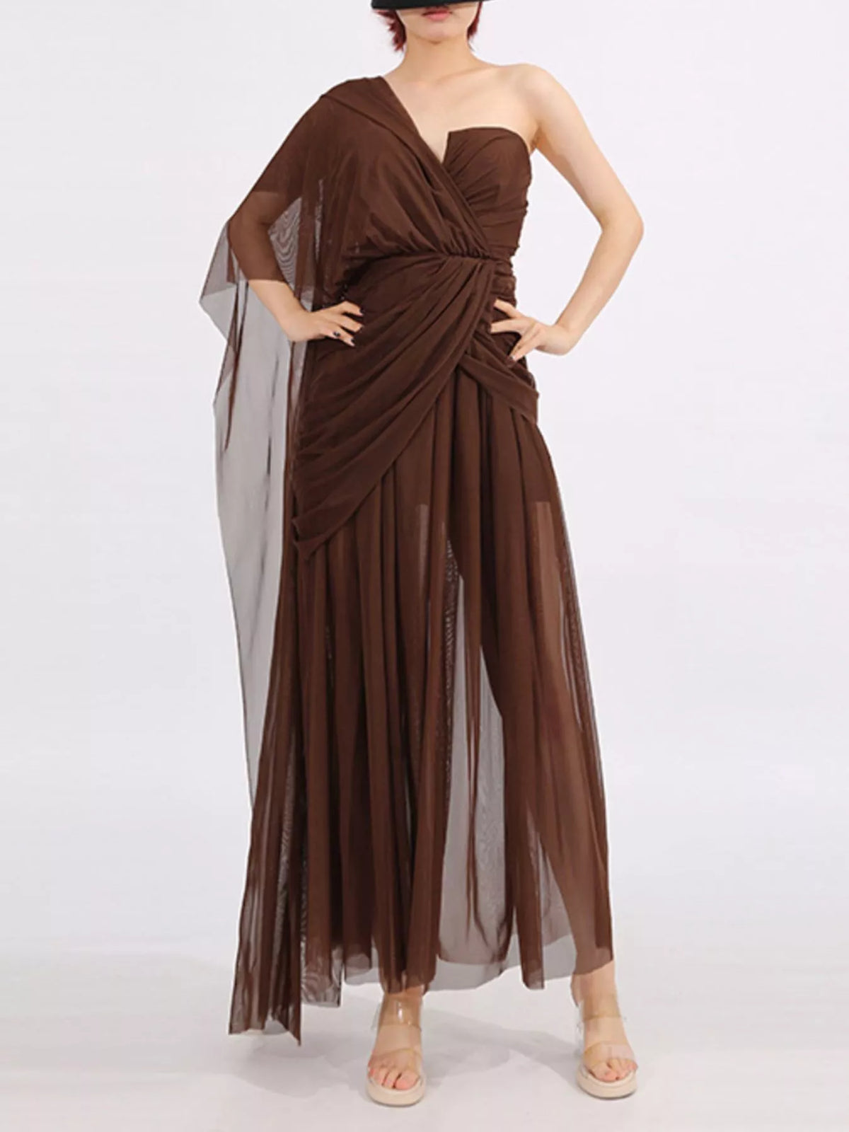One-Shoulder Mesh Dress in Coffee in Coffee Color