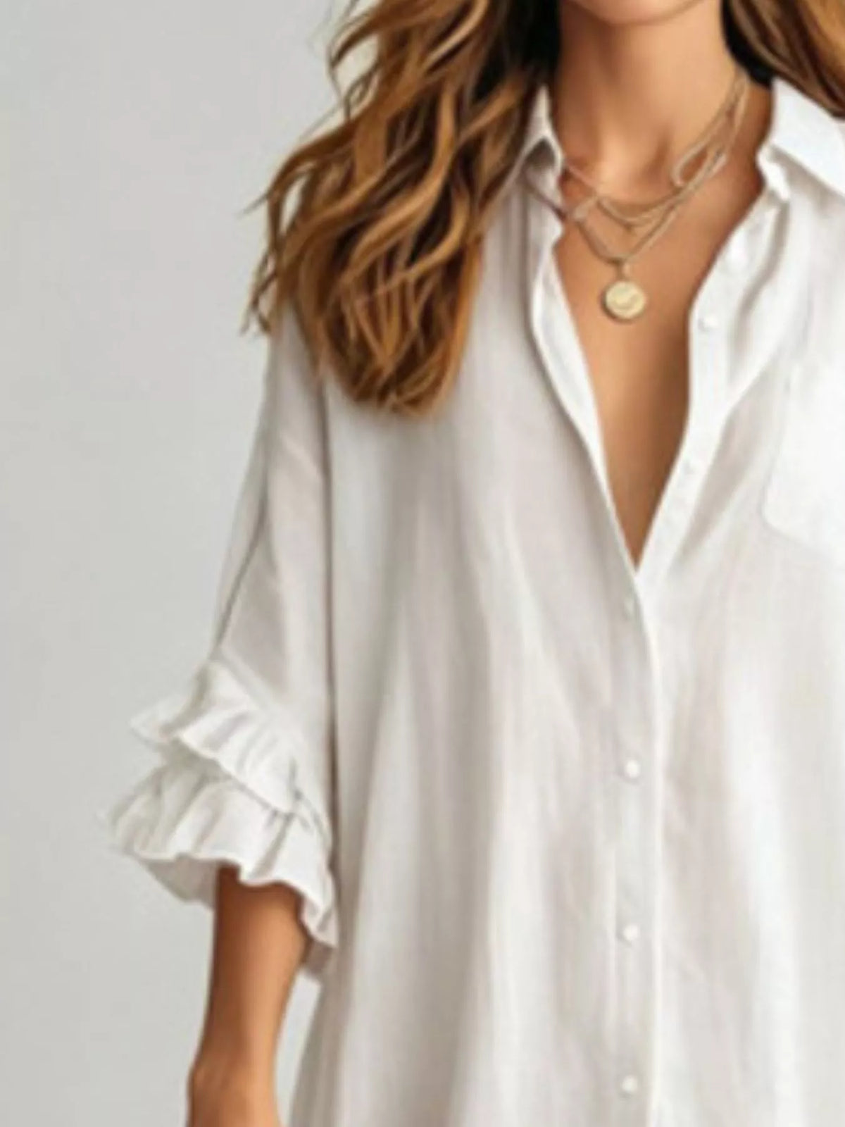 Ruffled Trim Button-Down Maxi Shirt Dress