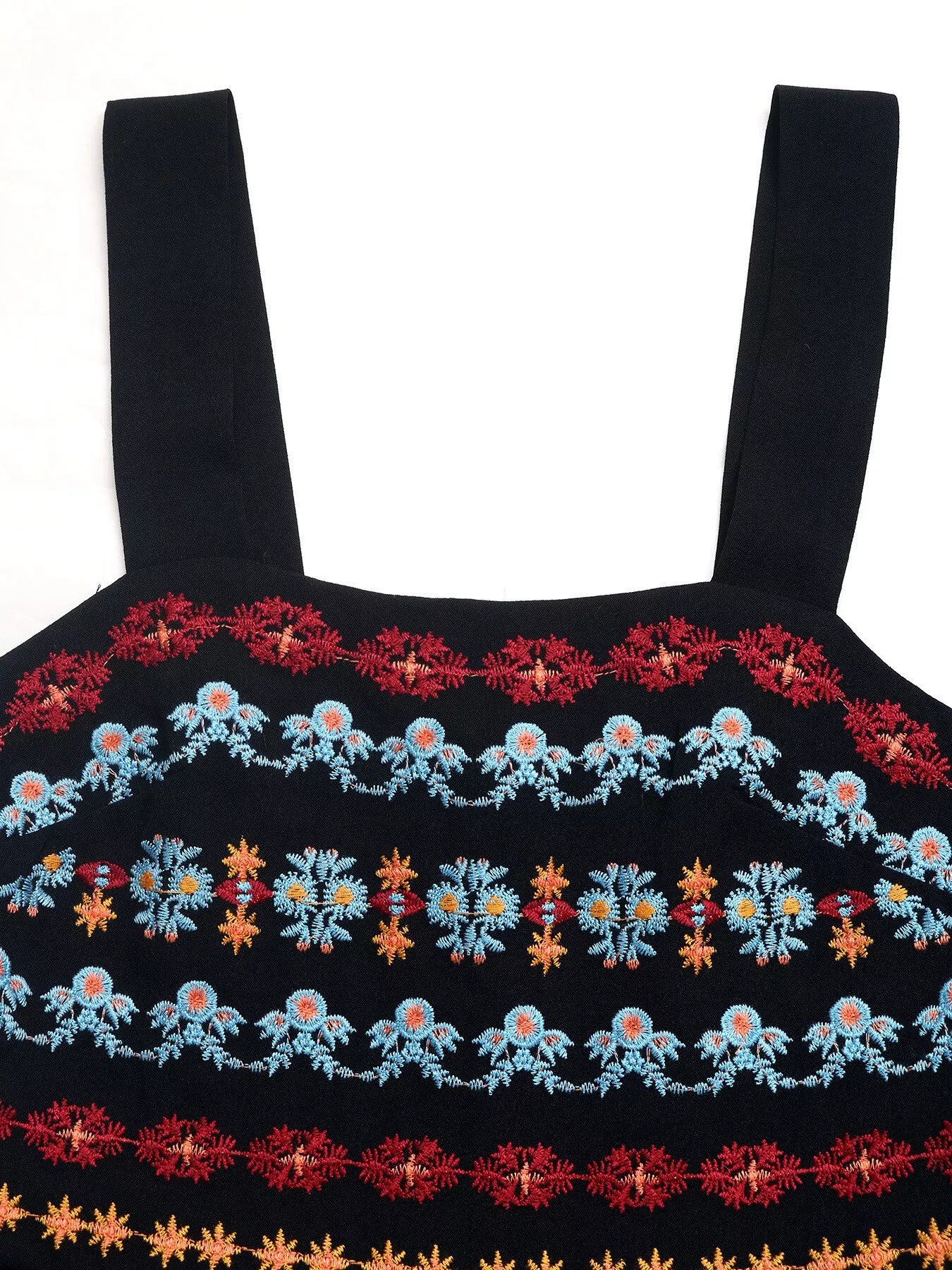 Embroidered Wide Strap Romper in Black
