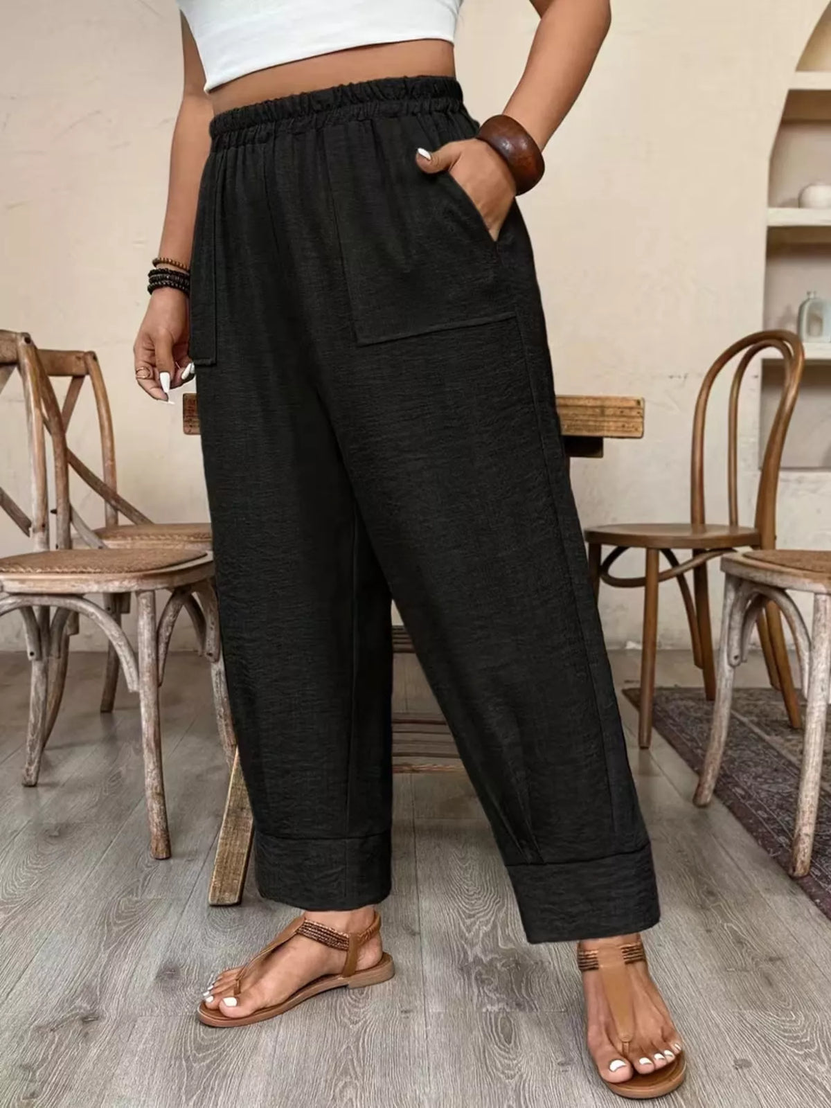 Plus Size Elastic Waist Pants with Pockets