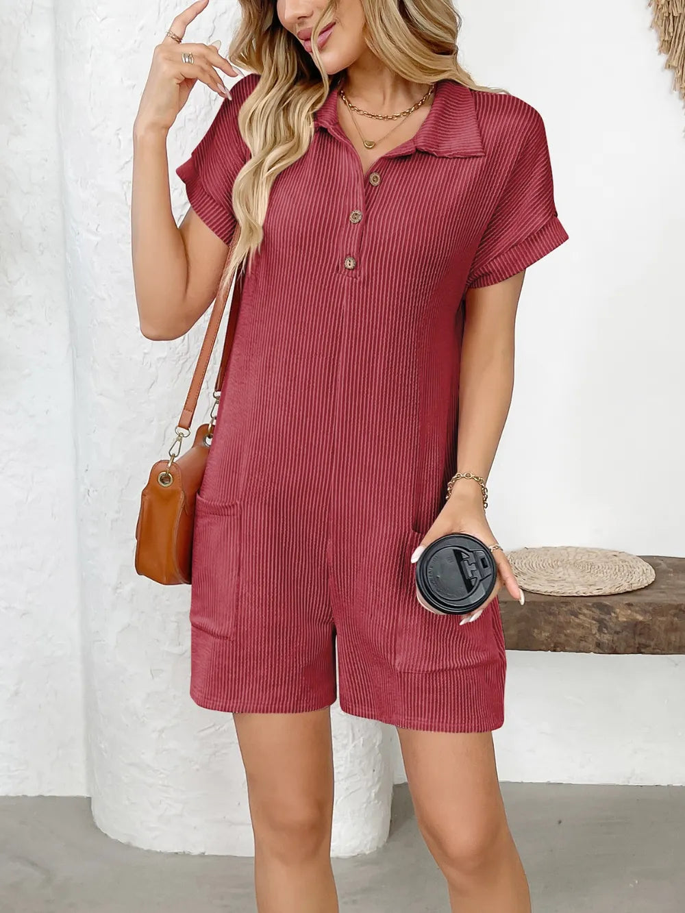 Collared Short Sleeve Button Detail Romper