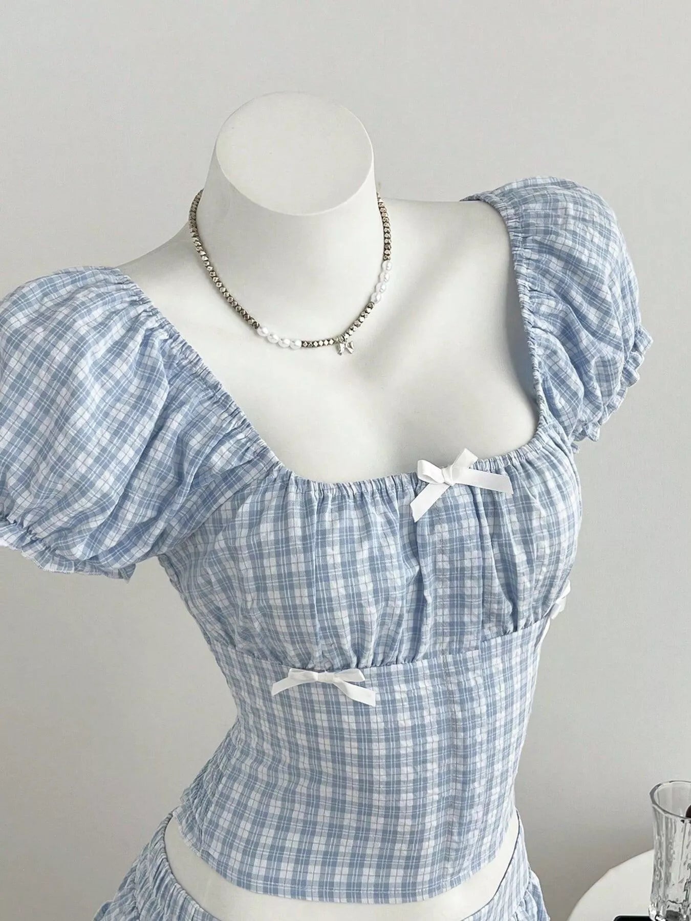 Plaid Puff Sleeve Blouse and Skirt Set in Blue