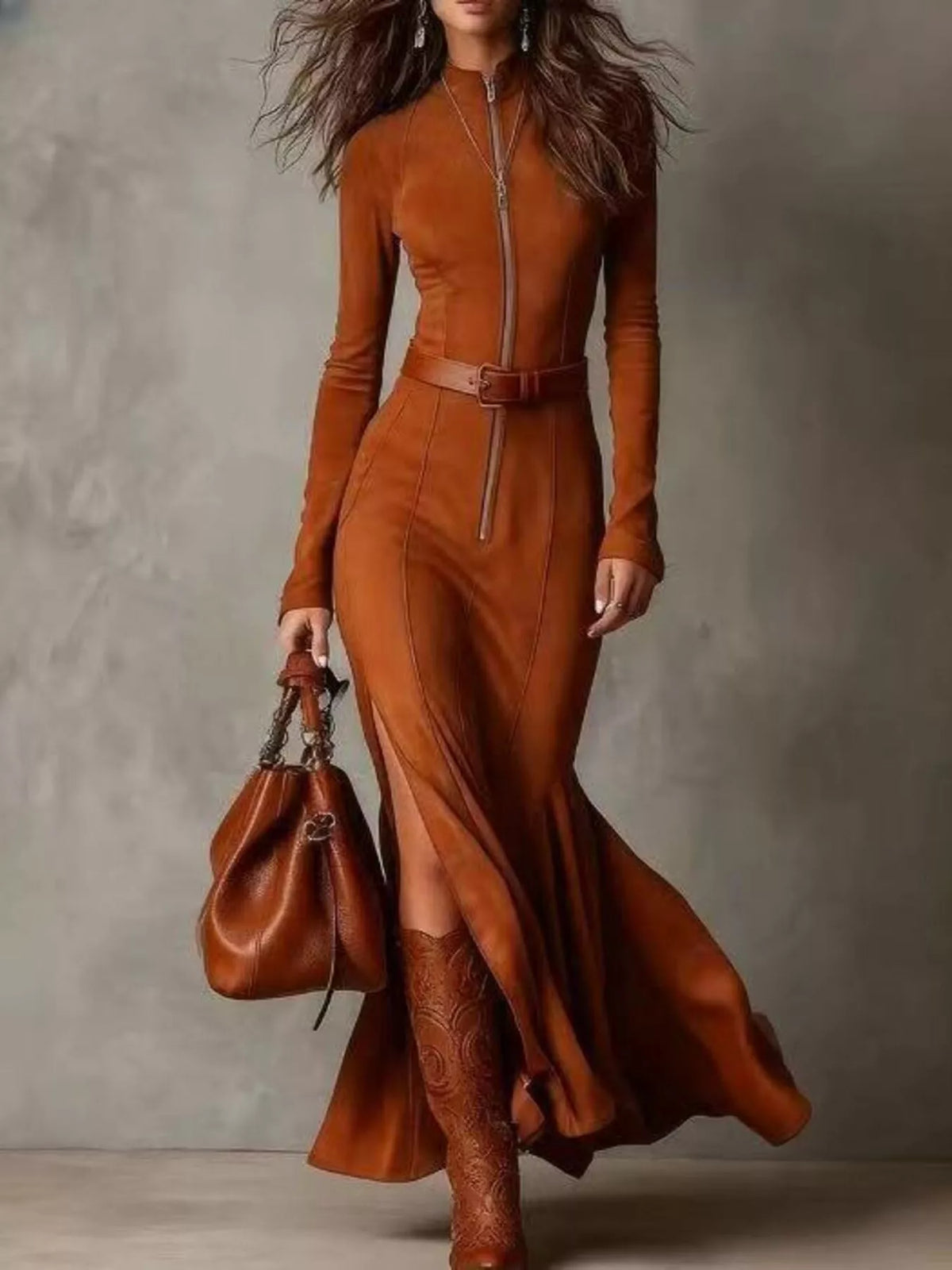 Zip-Front Long Sleeve Slit Maxi Dress
