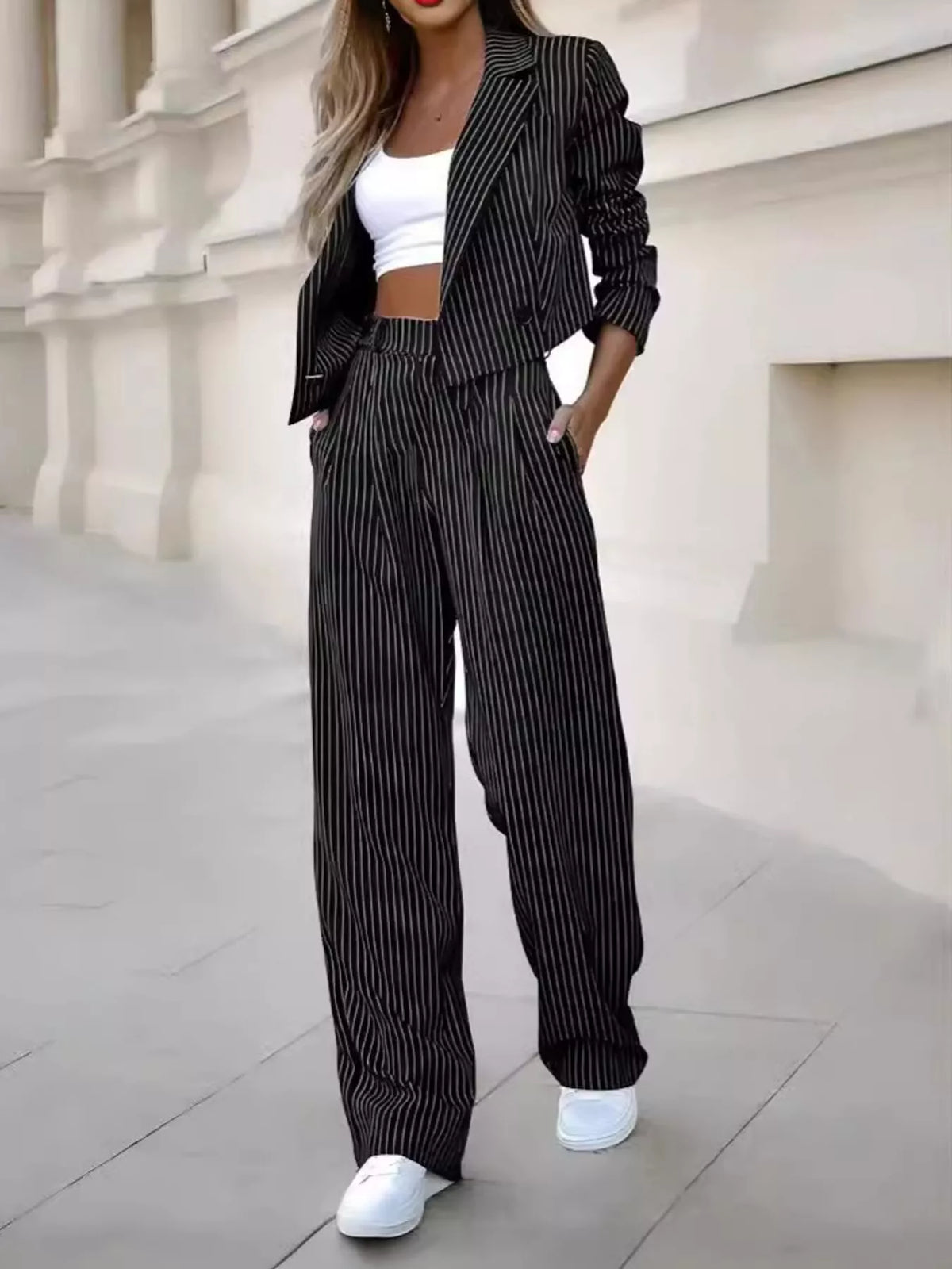 Cropped Striped Blazer and Wide-Leg Pants Set