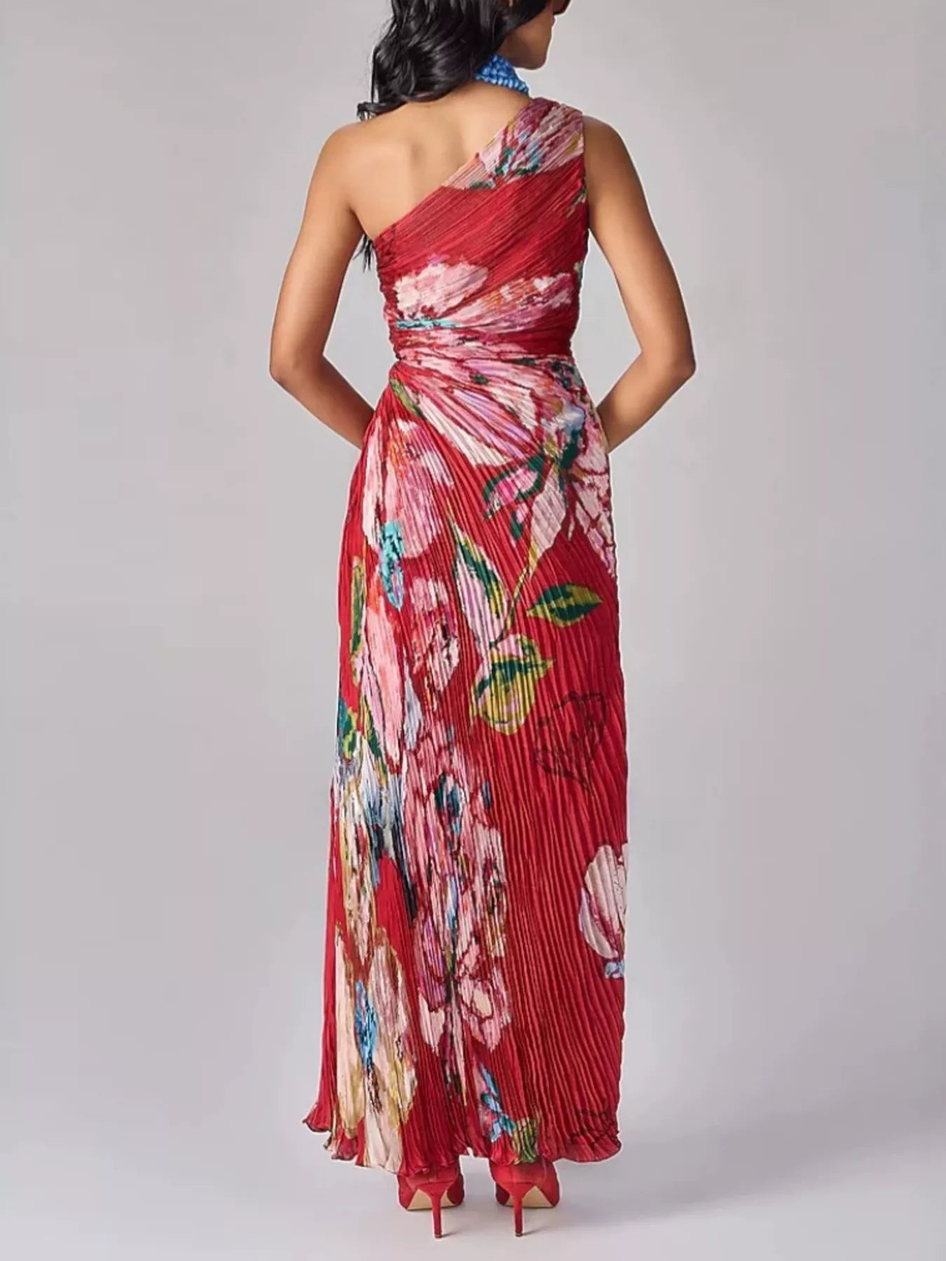 One-Shoulder Pleated Floral Maxi Dress in Red