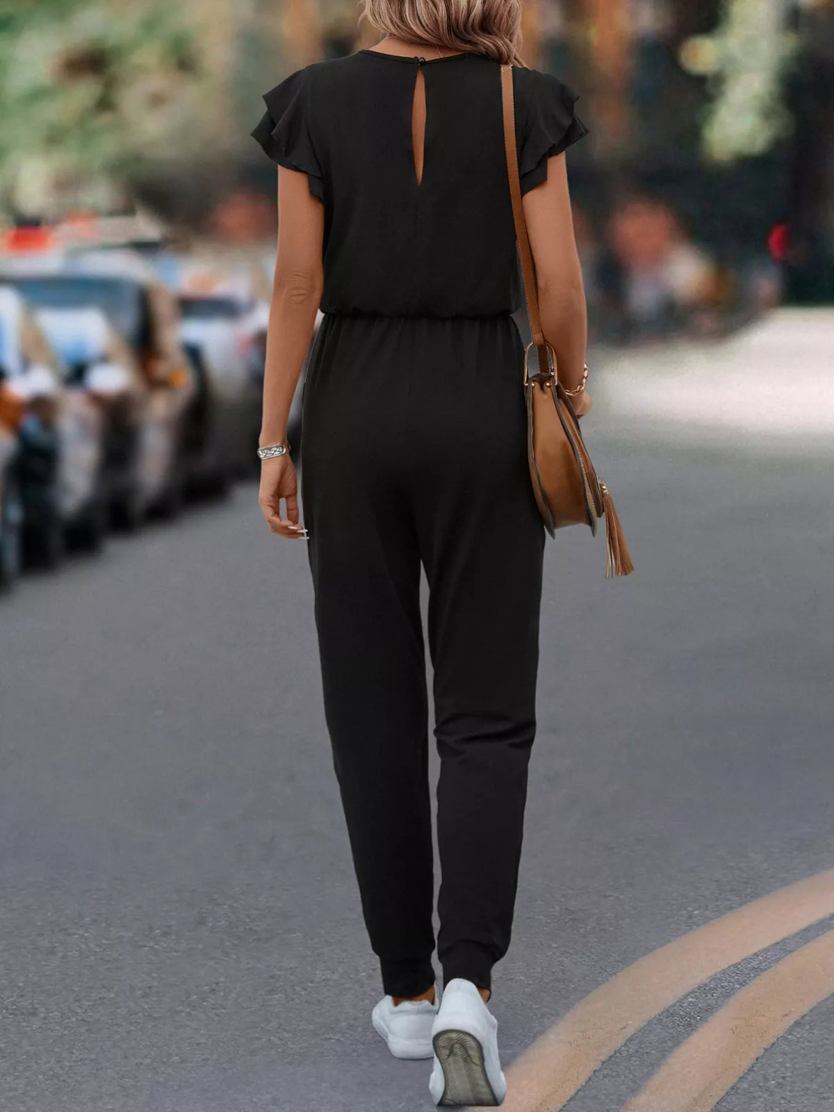 Ruffle Sleeve Drawstring Waist Jumpsuit in Black