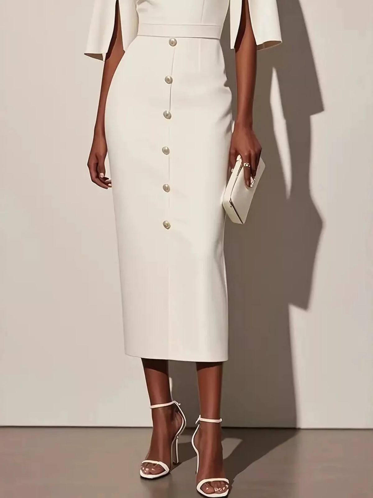 Decorative Button Slit-Sleeve Midi Dress