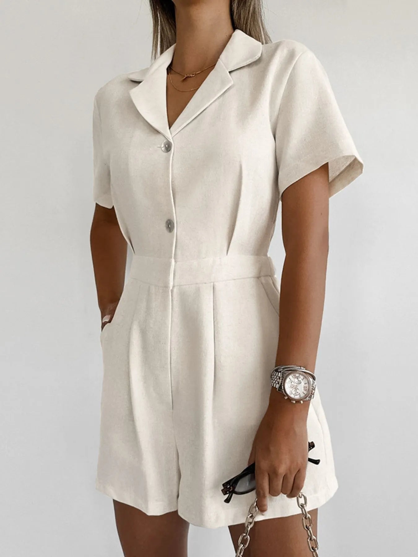 Button-Front Short Sleeve Romper in Beige