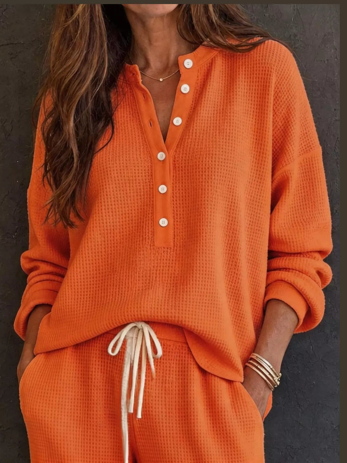 Waffle Knit Button Detail Top and Pants Set