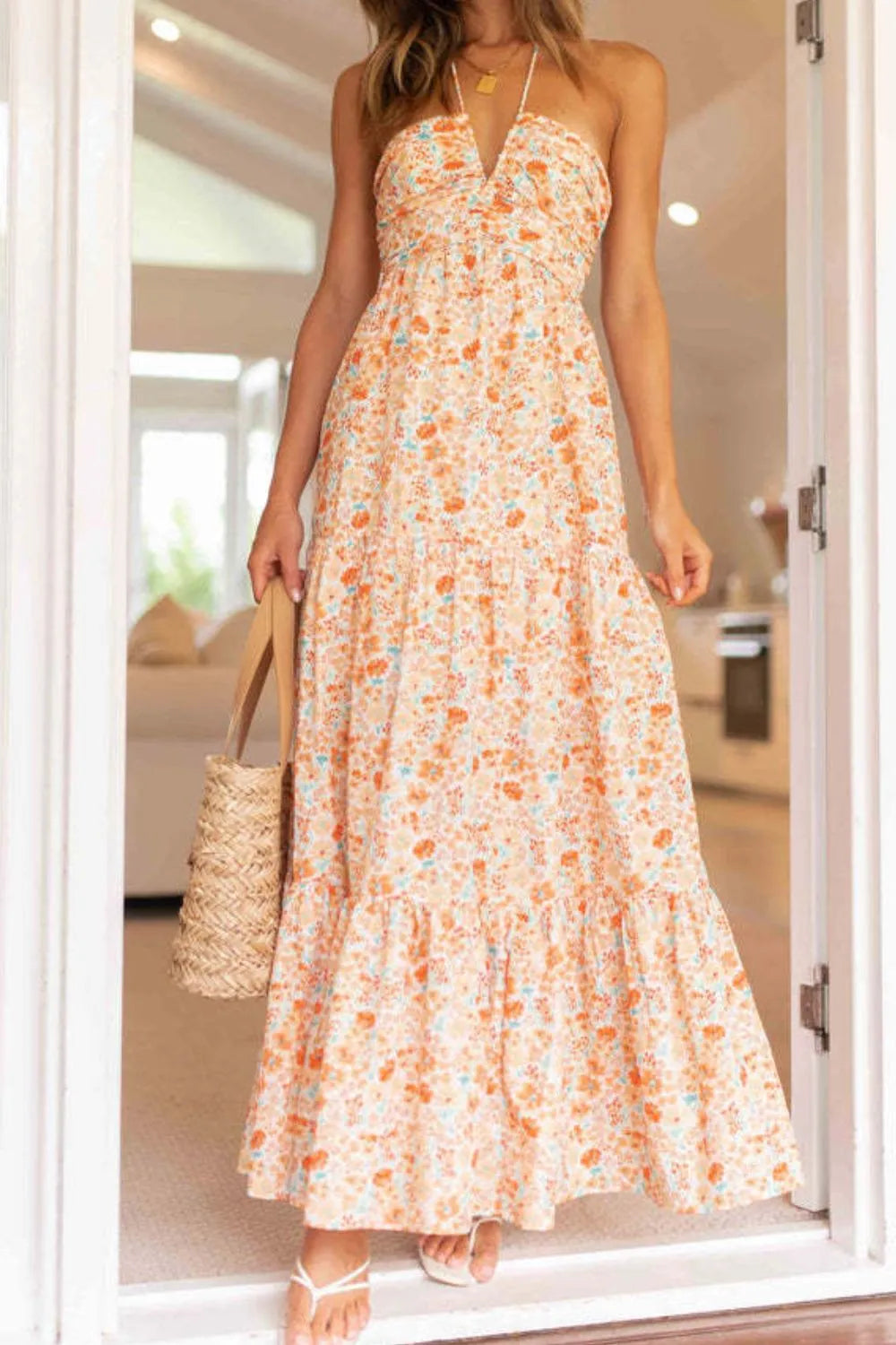 Tiered Halter Neck Printed Cami Dress